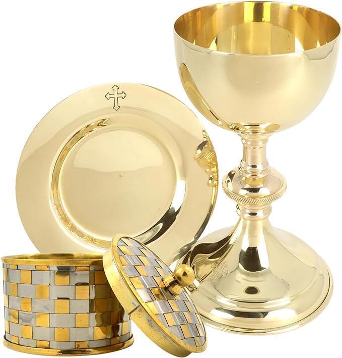 High Polished Brass Engraved Chalice and Paten Set With Pyx for Church 6 In