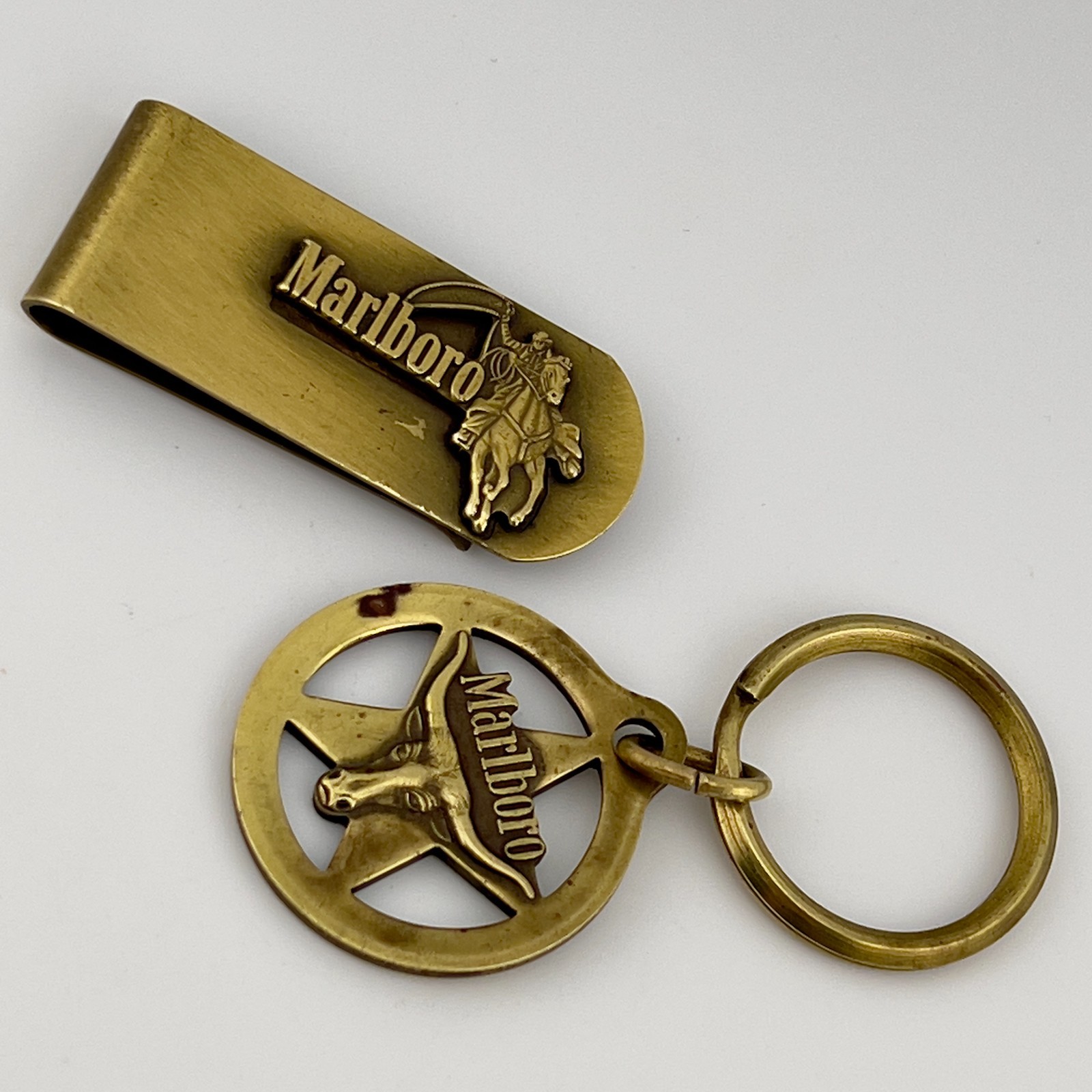 Vintage Marlboro Money Clip Keychain Set Brass Tone Cowboy Longhorn Star Promo