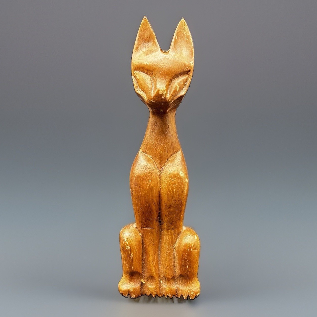 Vtg Mid Century Hand Carved Wooden Siamese Cat Figurine 6.5”Tall MCM Wood Tan