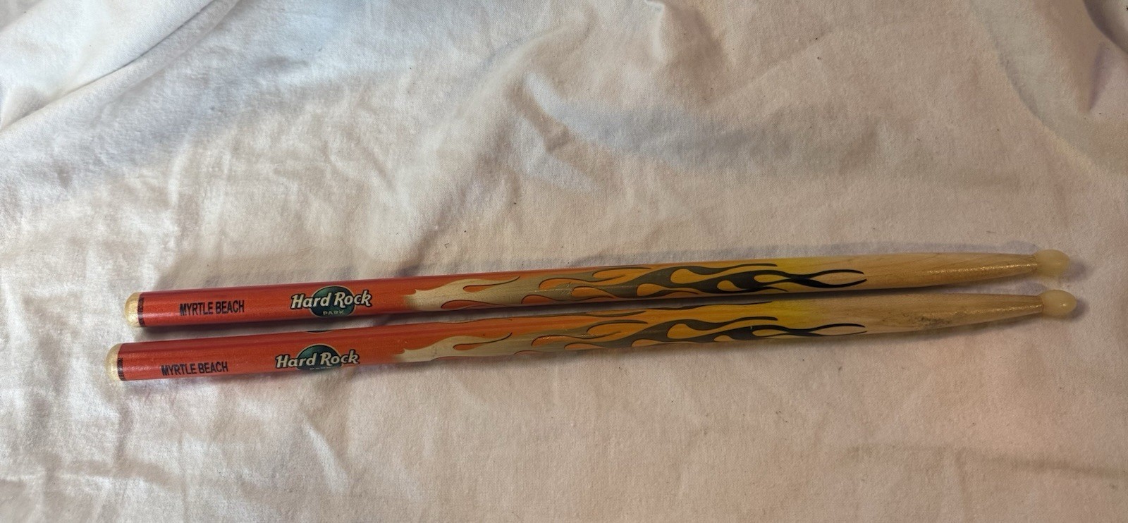 VTG Hard Rock Park Drum Sticks Pair Hardwood Flame Logo Collectible Myrtle Beach VTG Hard Rock Park Drum Sticks Pair Hardwood Flame Logo Collectible Myrtle Beach