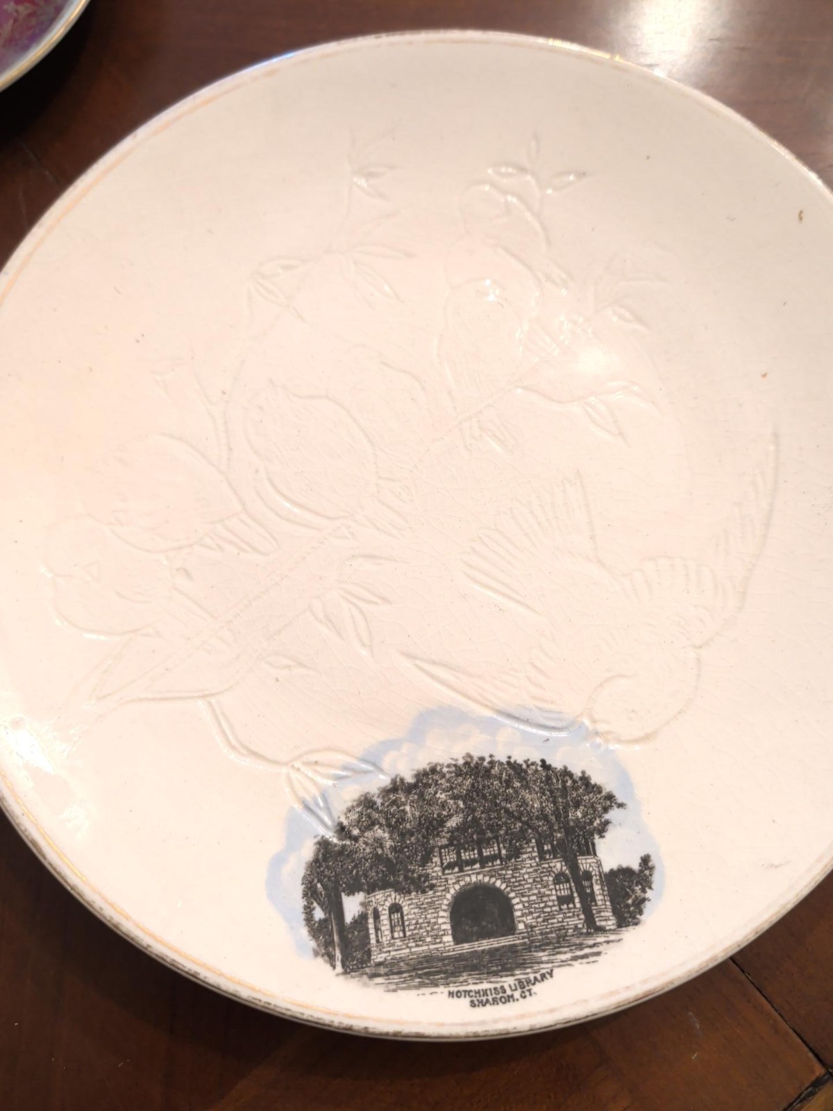 Antique Hotchkiss Library Sharon CT Souvenir Plate Embossed Birds Gold Trim