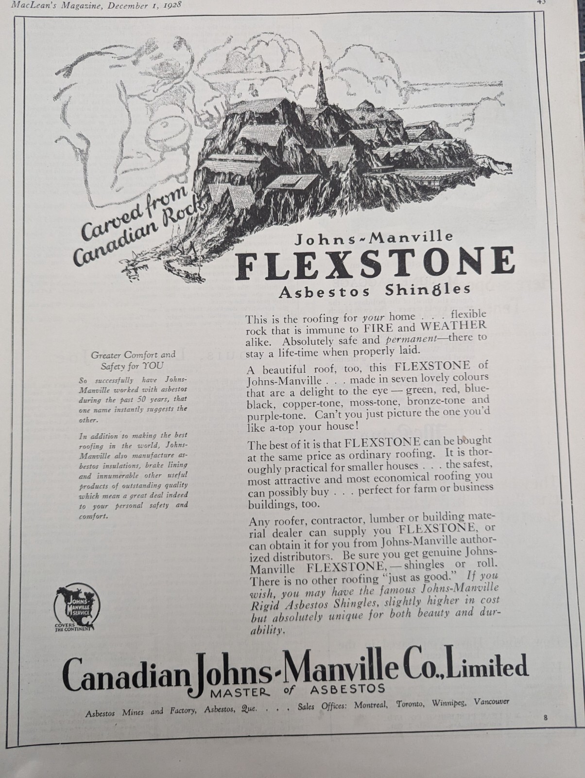 Large Original Antique Magazine Ad 1929 Flexstone Asbestos Shingles