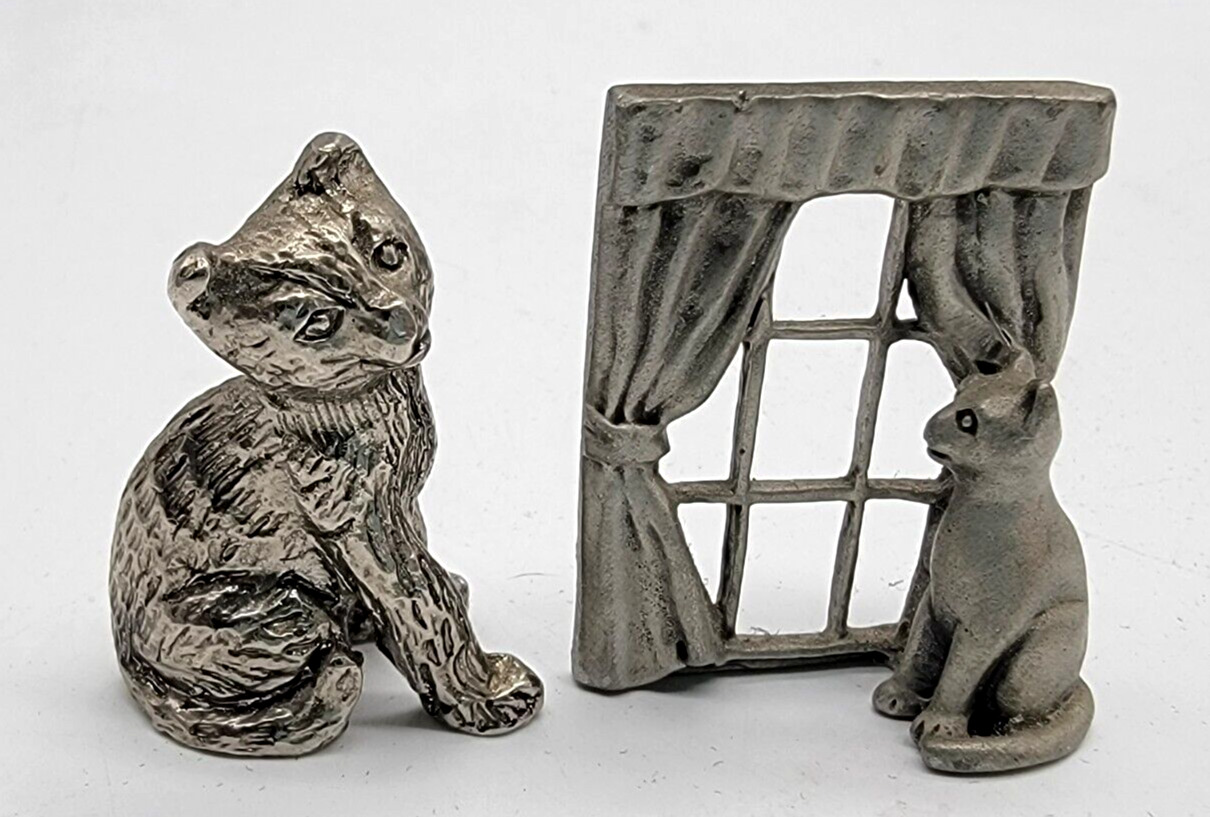 Pewter Kitty Cat by Window Diamond Cut 1985 And Cat (set of 2)