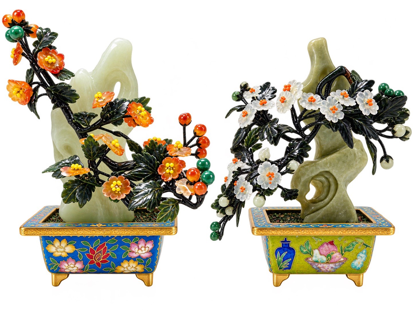 Miniature Palace Style Jade Flower Bonsai in Cloisonne Planters 百寶花卉青玉假山小盆景(一對）