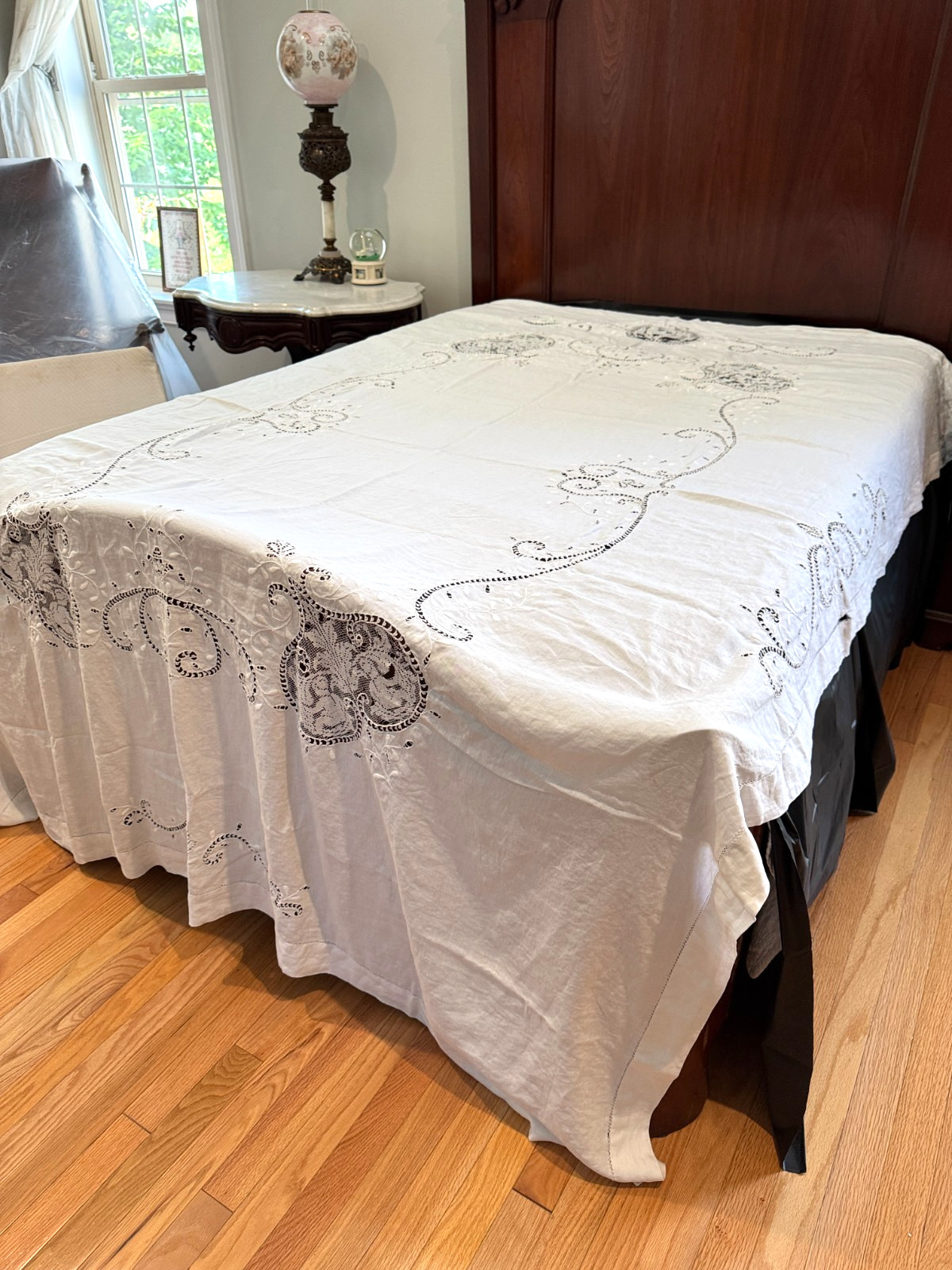 Antique Full Linen Bed Coverlet with Cupids and Hearts