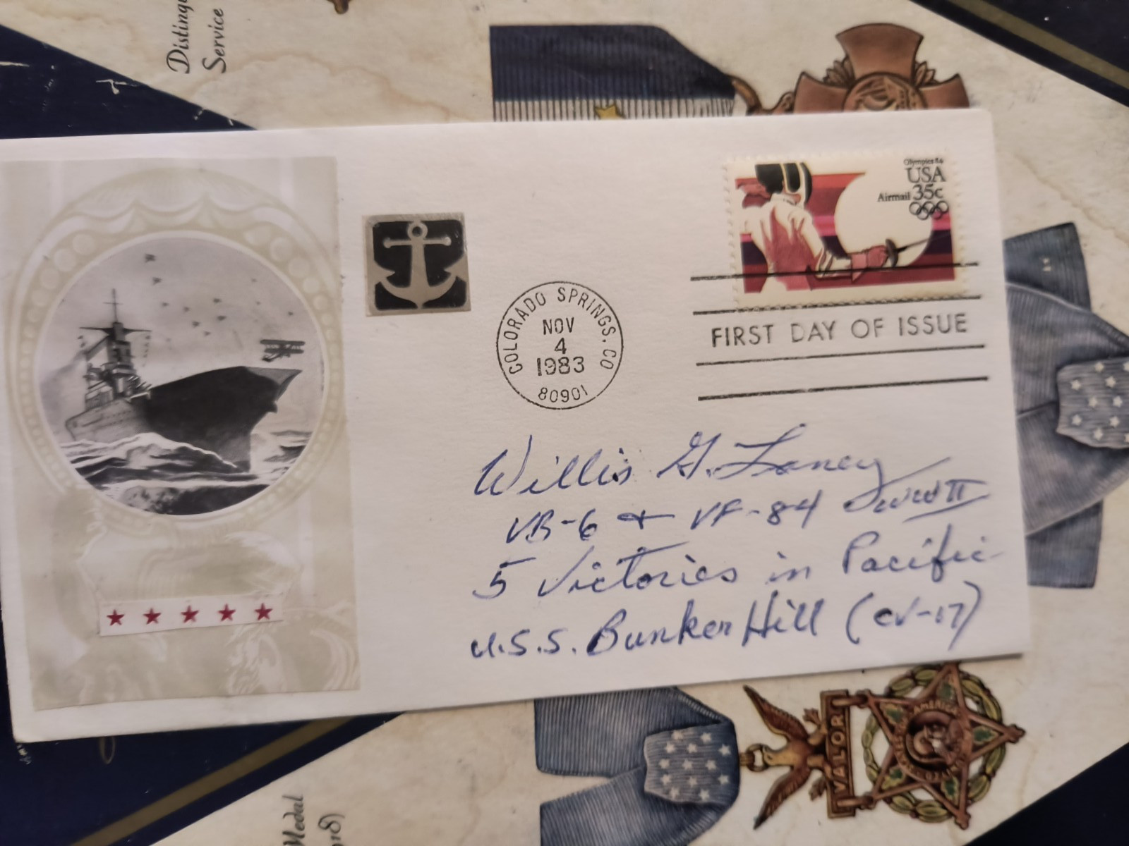 Lt. WILLIS GERAL LANEY, USN WWII Corsair Ace VF-84 (5Vs) Signed FDC