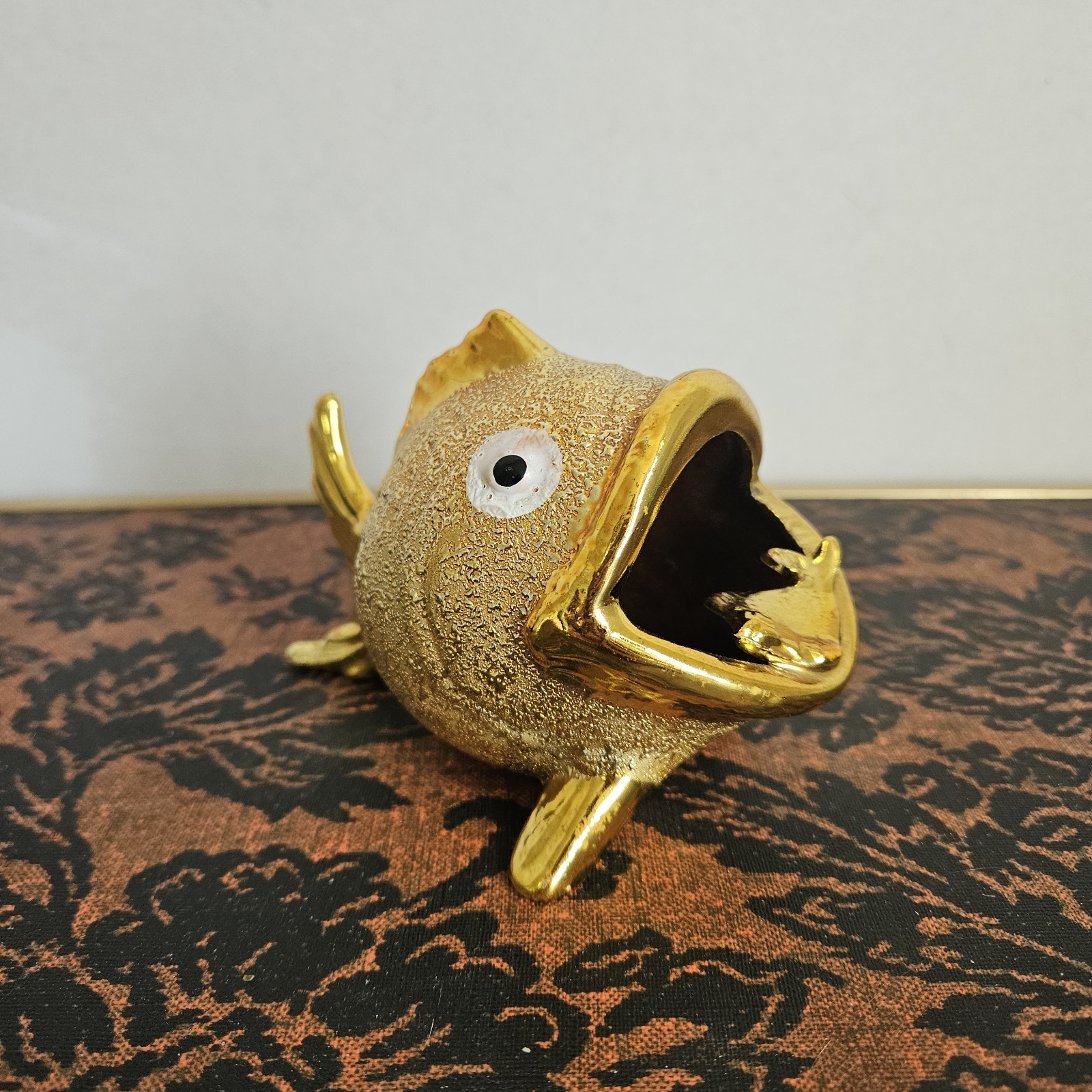 Vtg Gold Ceramic Big Mouth Fish Ashtray Trinket Dish Made in Japan 1970s Kitschy