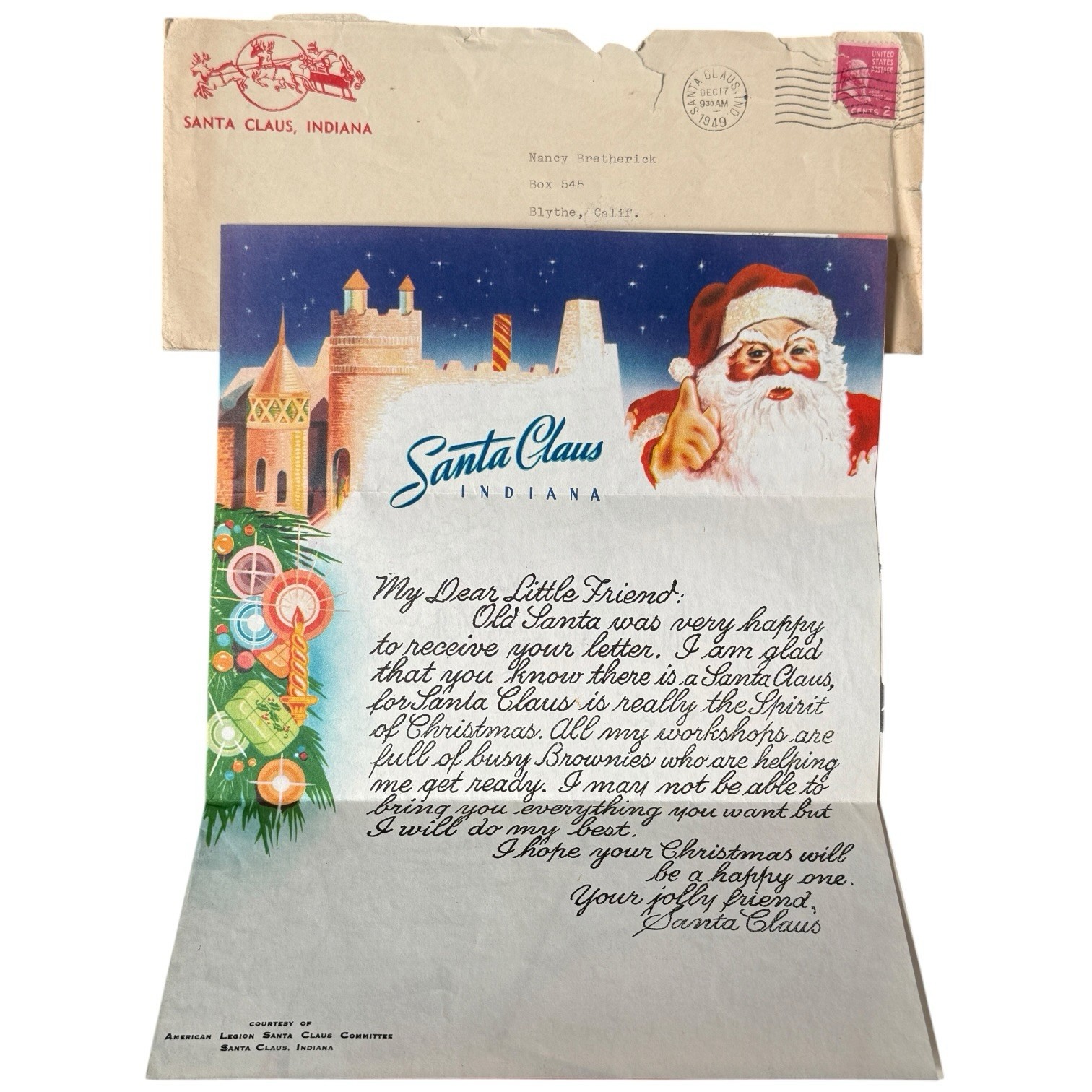 Vintage 1949 Letter Santa Claus Indiana Christmas Holiday To Child Stamp Mailed