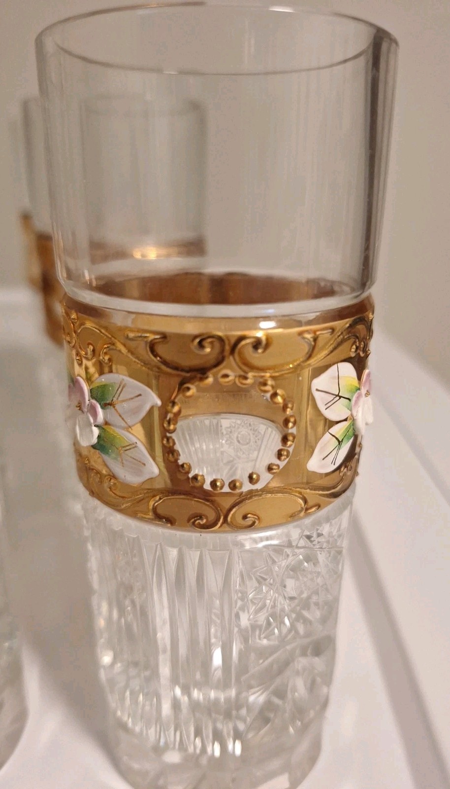 6 VTG Egermann Czech Bohemia Cut Crystal Gold Gilded Highball Glasses Floral