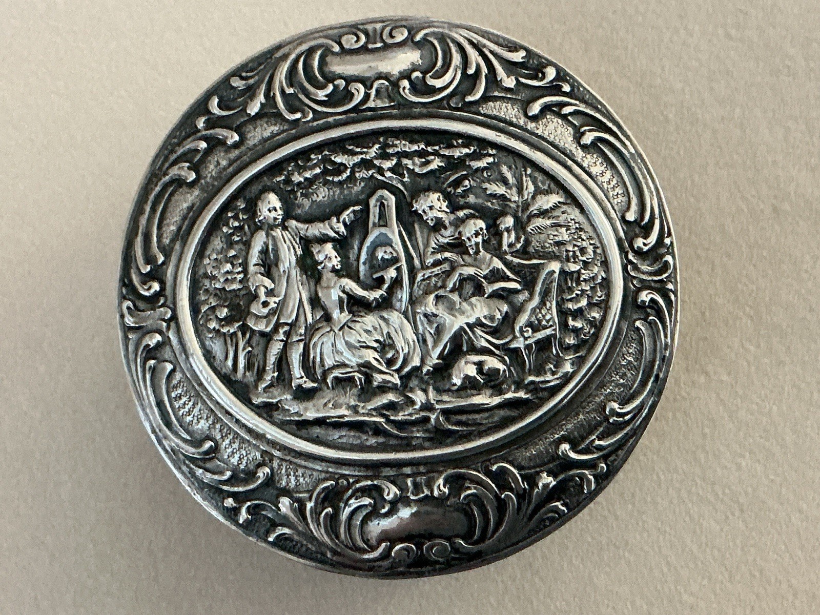 Antique German 800 Silver Trinket Box- Figural Portrait Lesson  Scene