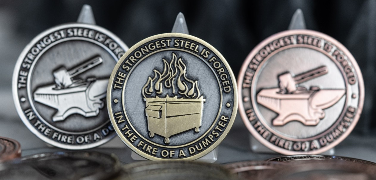 Nickel Dumpster Fire Challenge Coin - Two sided design - Case And Bag Included