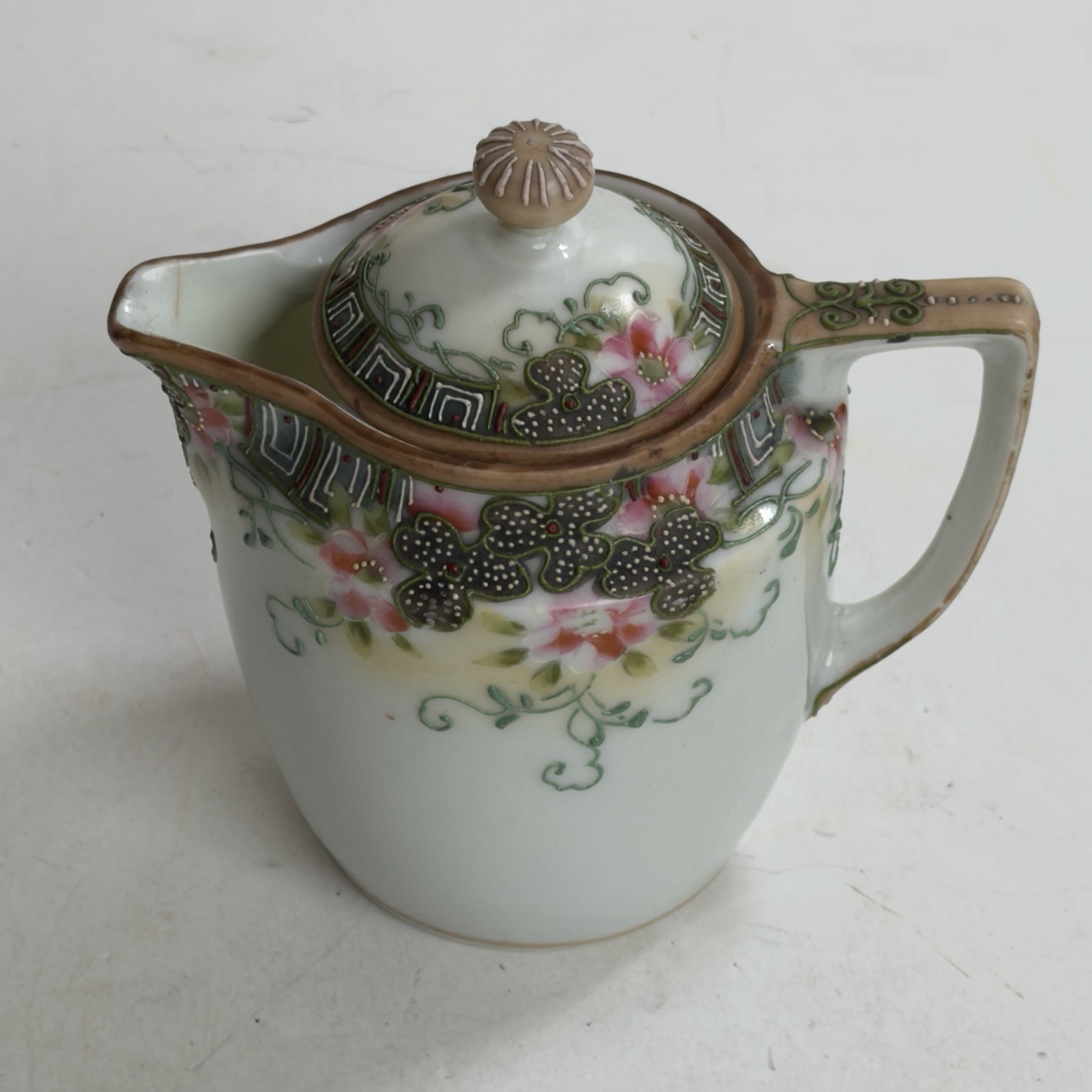 Antique Nippon Hand Painted Lidded Creamer Floral Moriage Rising Sun 4.5in