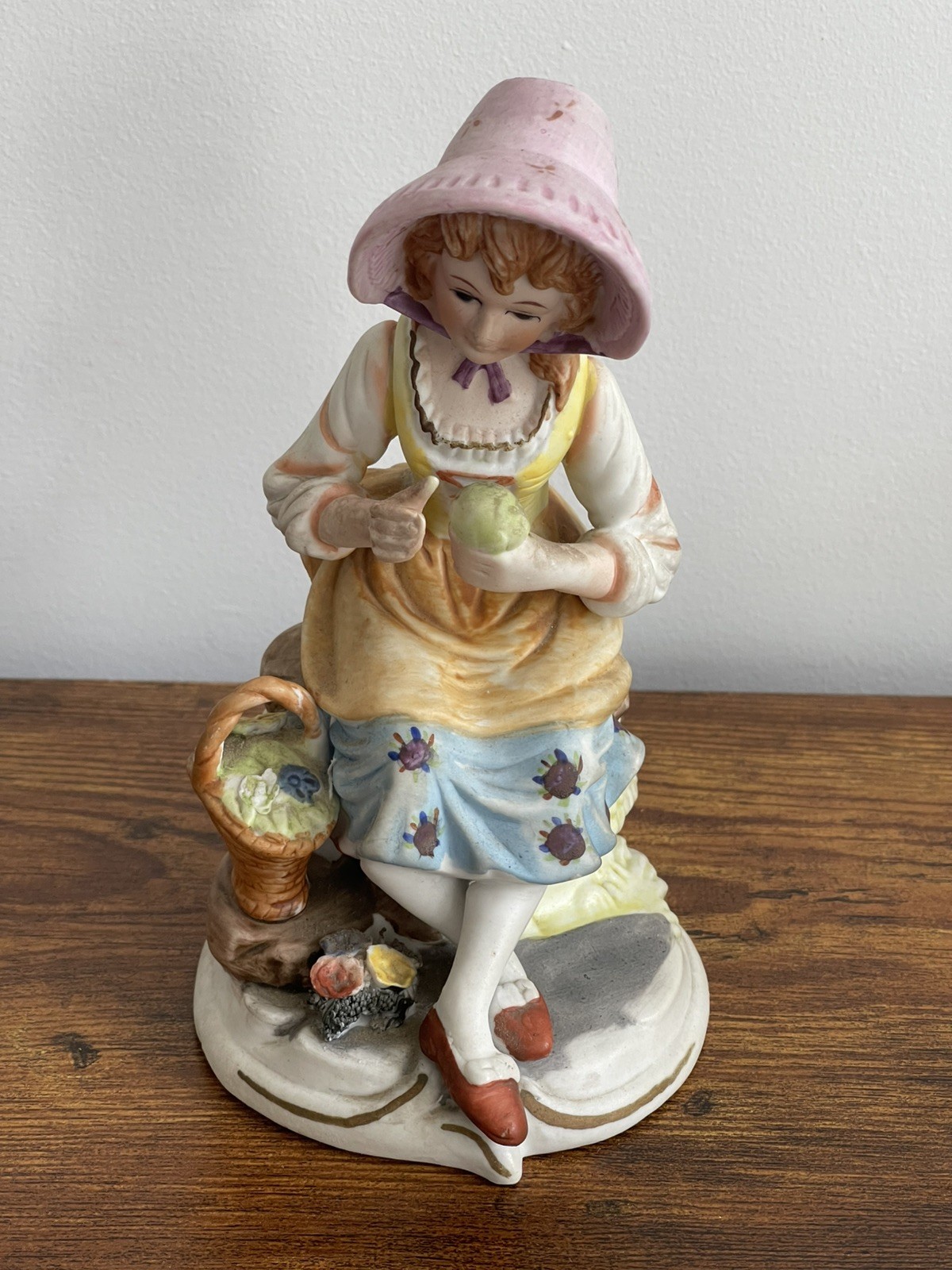 Vtg Norleans UCAGC Girl Figurine Eating Apple w/ Basket 6.5* Tall Sample Model