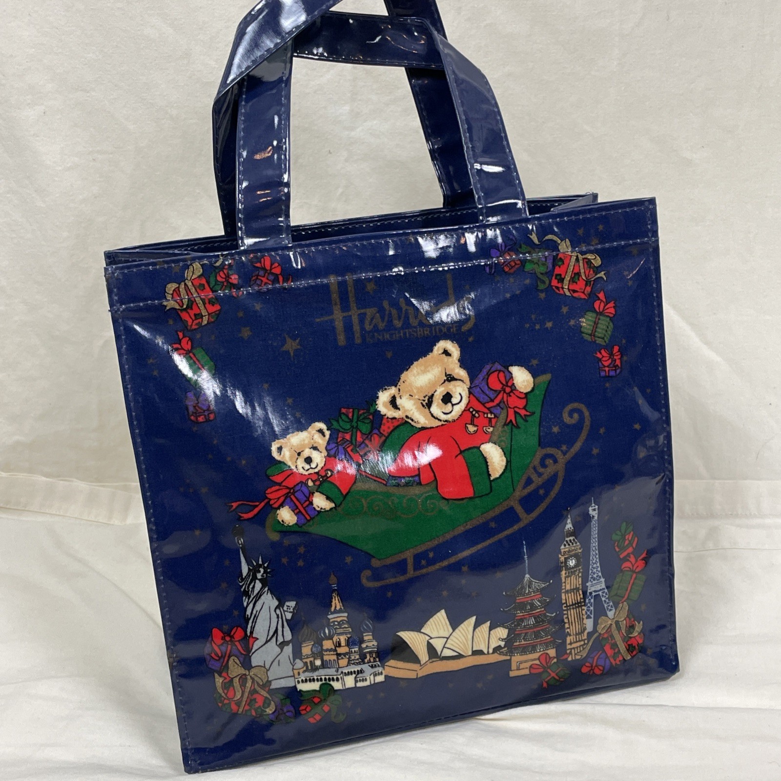 VTG Harrods Knightsbridge Christmas Shopping Tote Bag Teddy Bears 9x10