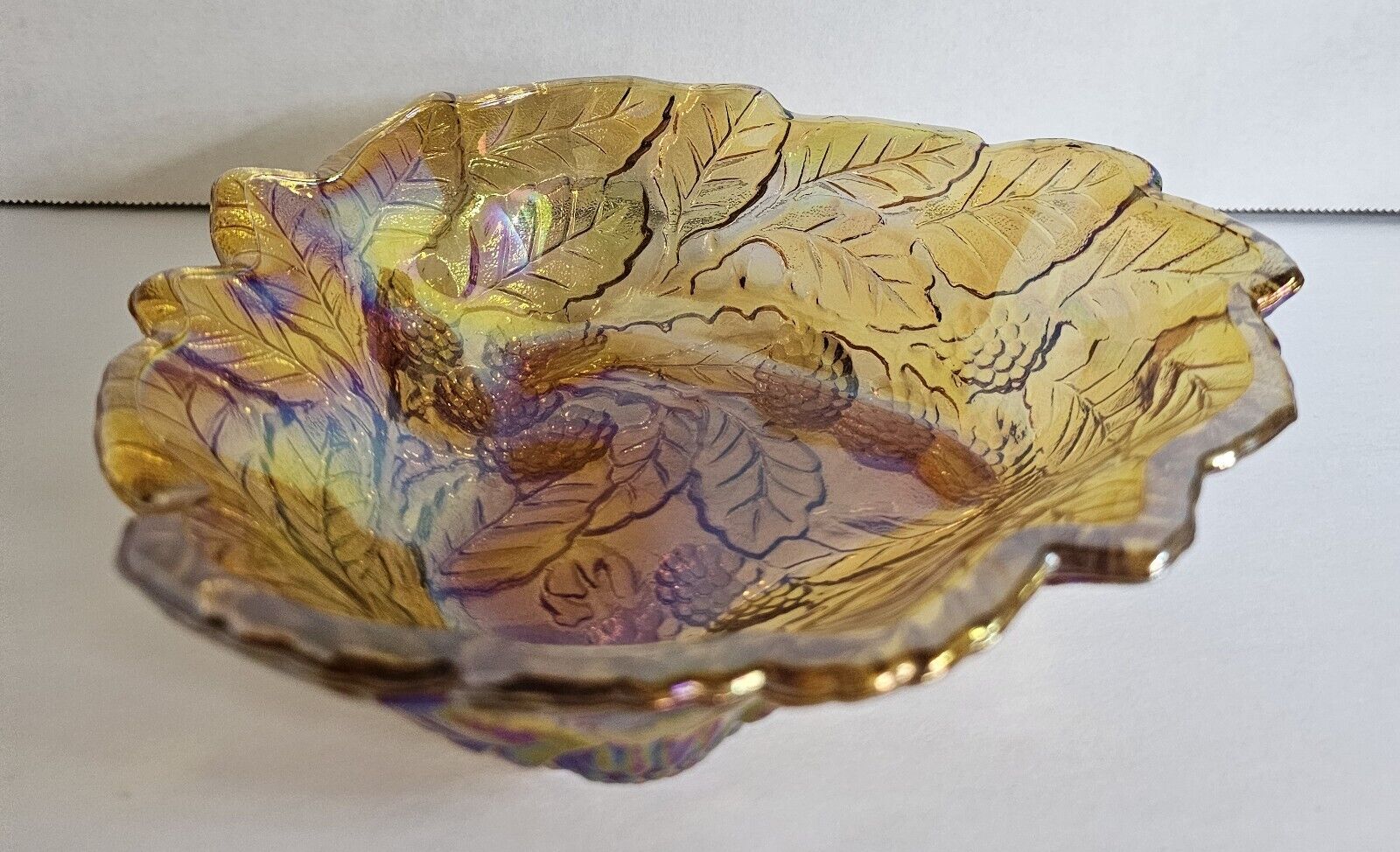 Vintage Indiana Carnival Glass Loganberry Leaf Amber Marigold Candy Dish Bowl