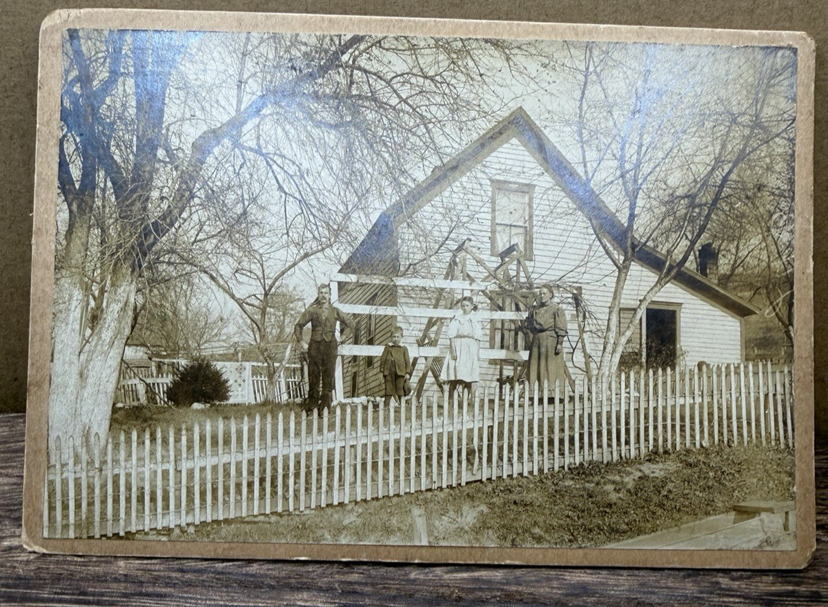 Antique Cabinet Card - Family Farmhouse - White Picket Fence - 6.25\
