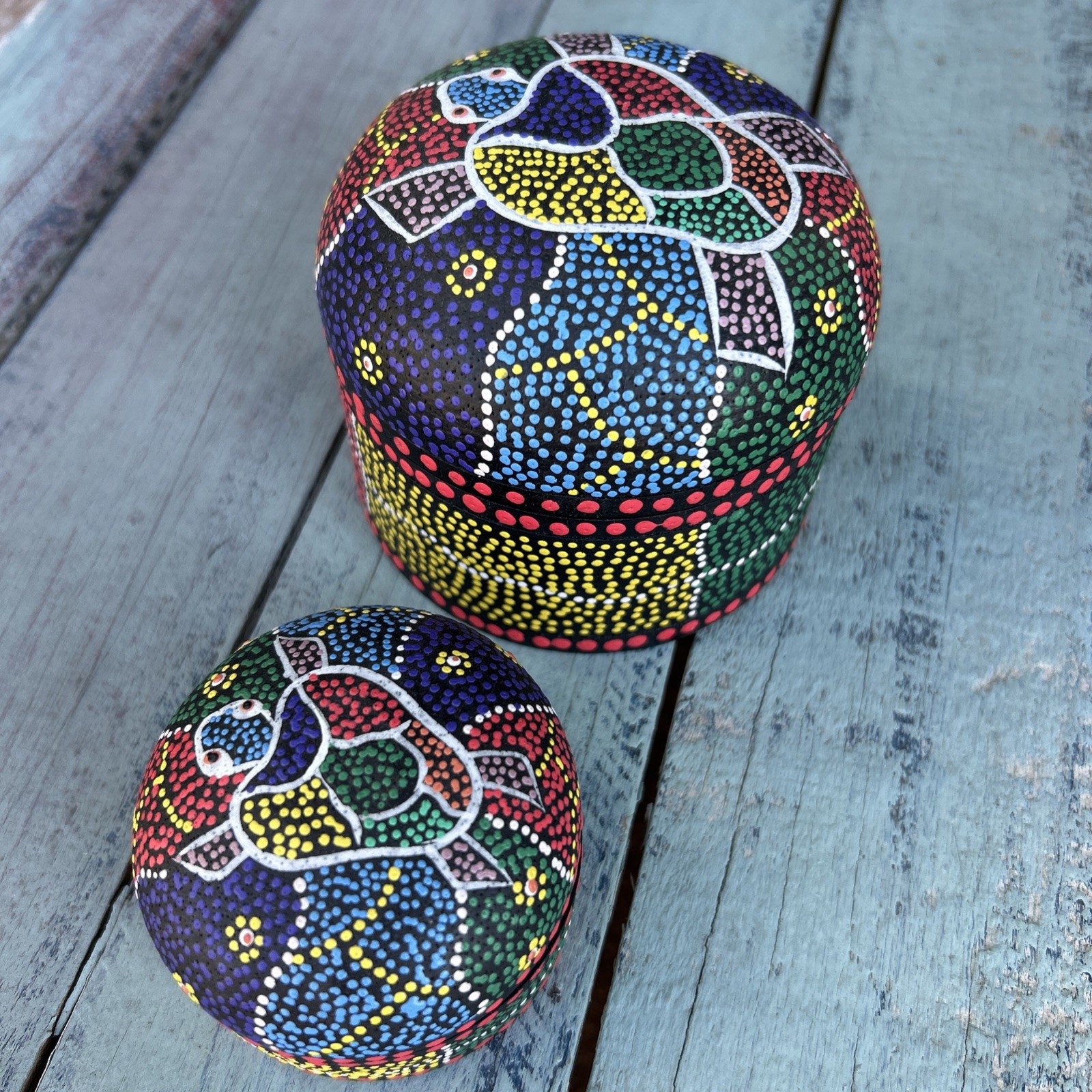 Nesting Set Of 2 Vintage Hand Dot Painted Turtle Wooden Trinket Boxes India