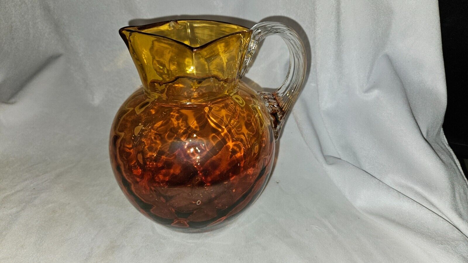 Antique Reverse Amberina Pitcher with Square Top, Reeded Handle, Swirl Pattern