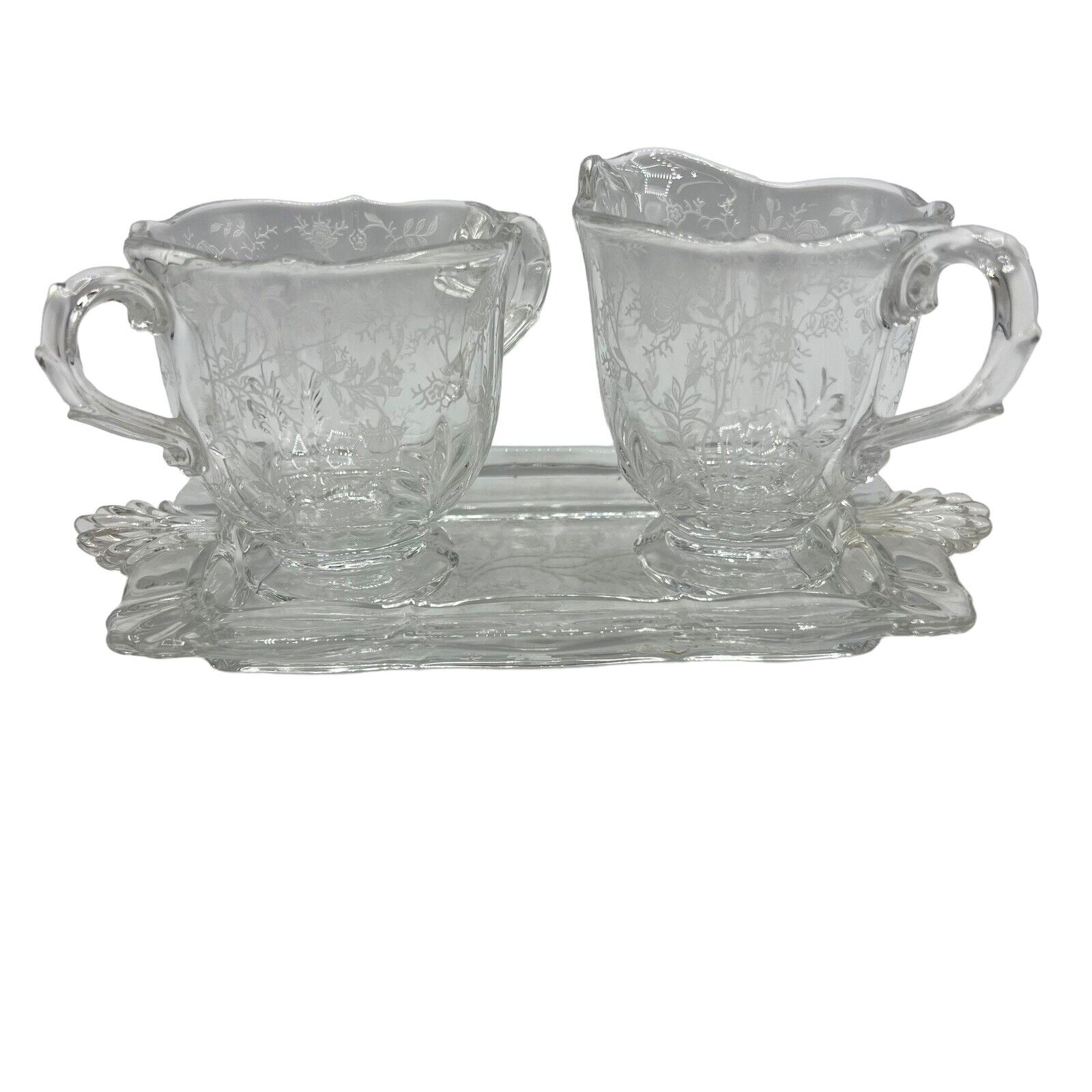 Fostoria Baroque Chintz Etched Rose Footed Glass Sugar and Creamer & Tray Set