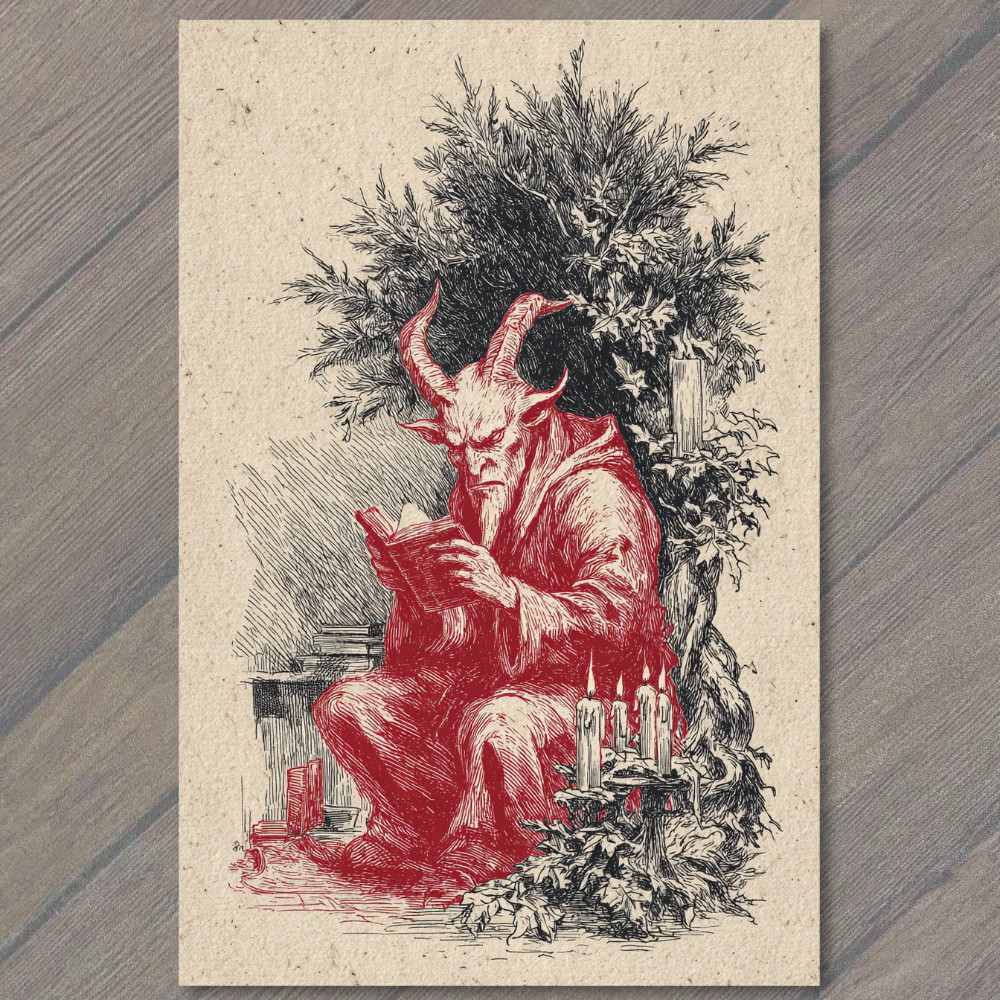 POSTCARD Red Devil Reading Book Christmas Candles Tree Vintage Gothic Holiday Kr POSTCARD Red Devil Reading Book Christmas Candles Tree Vintage Gothic Holiday Kr