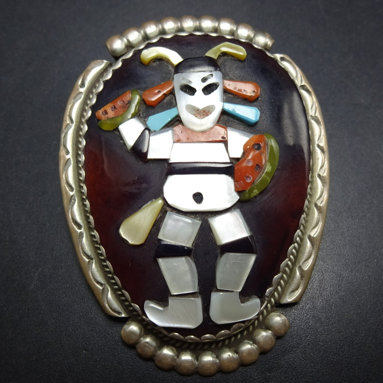 VTG Zuni BEVERLY ETSATE Sterling Silver KOSHARE Pueblo Clown PIN/PENDANT Inlay