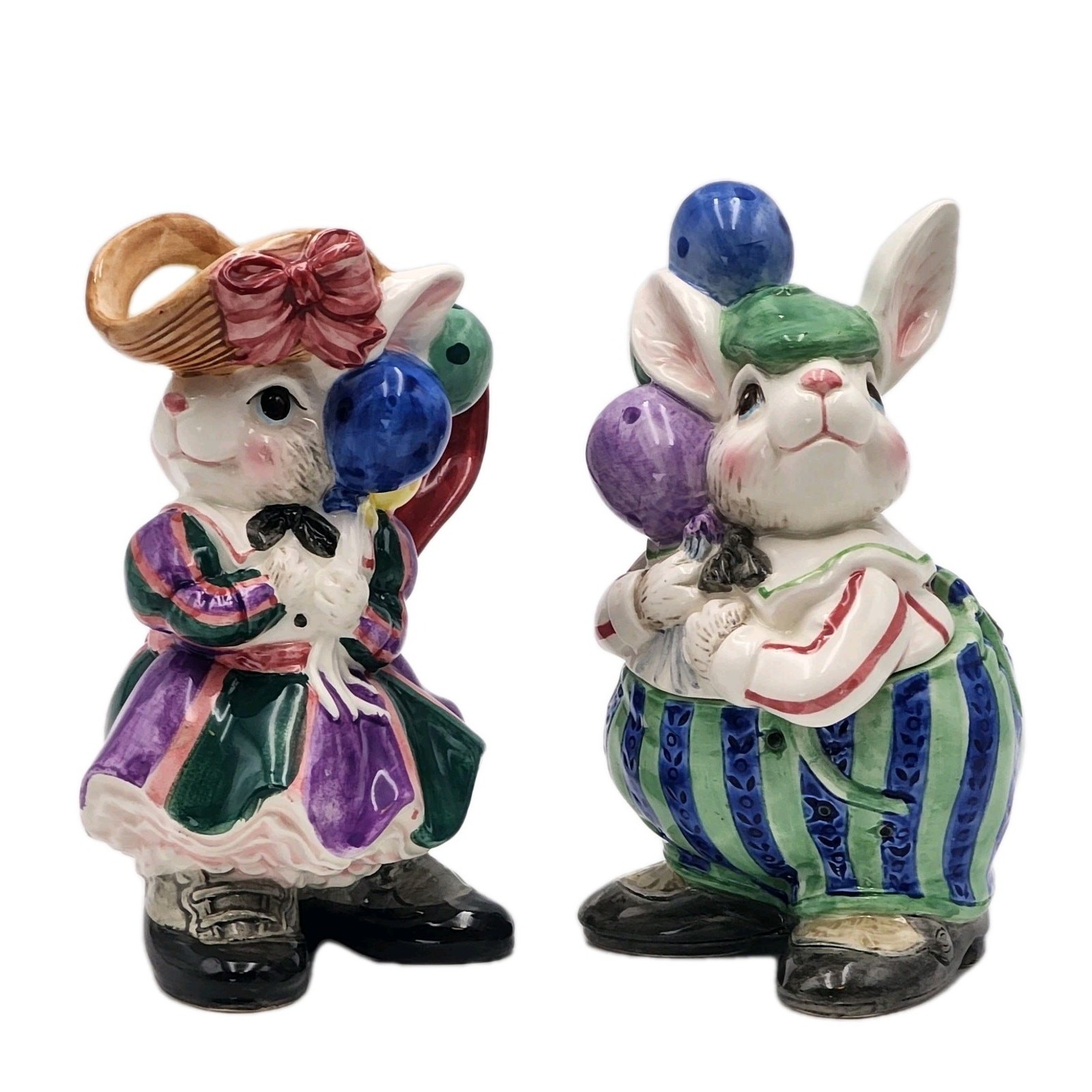 Vintage Fitz & Floyd Easter Bunny Creamer Sugar Set W/ Lid & Spoon Balloons 1995