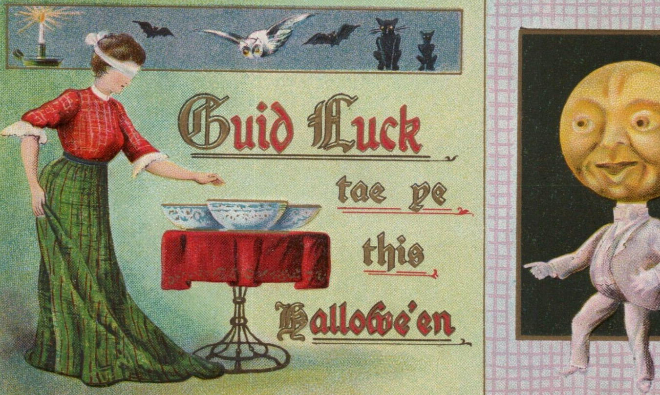 Hofmann Good Luck This Halloween Blindfold Moonman Black Cats Bats Owl Postcard
