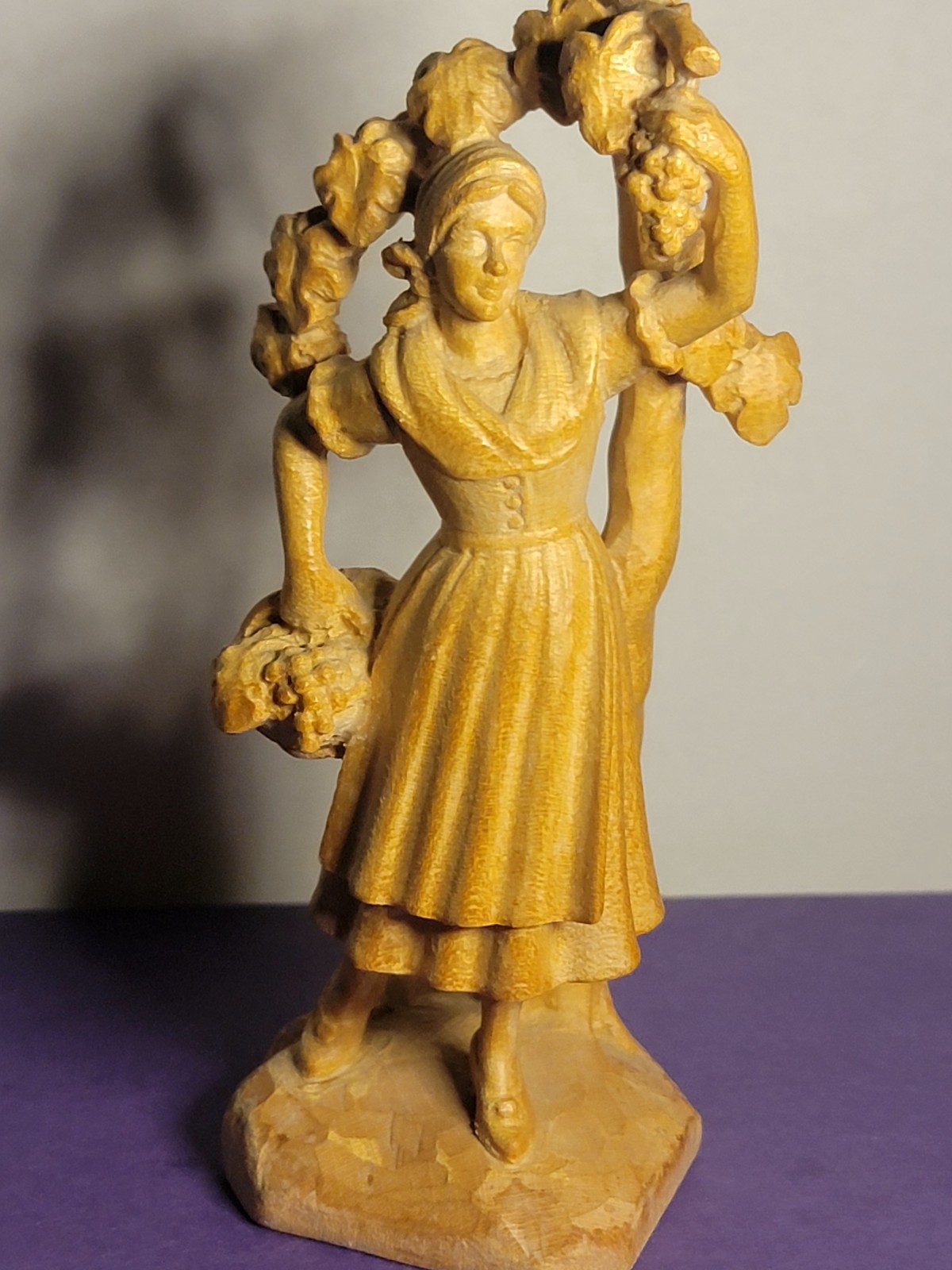 Vintage Hand Carved Wood Figurine Girl Harvest Grapes Peasant Folk Art