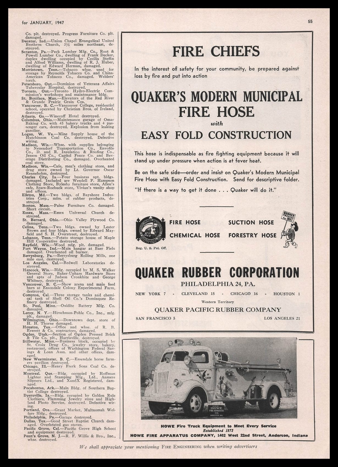 1947 Quaker Modern Municipal Easy Fold Fire Hose Philadelphia Vintage Print Ad