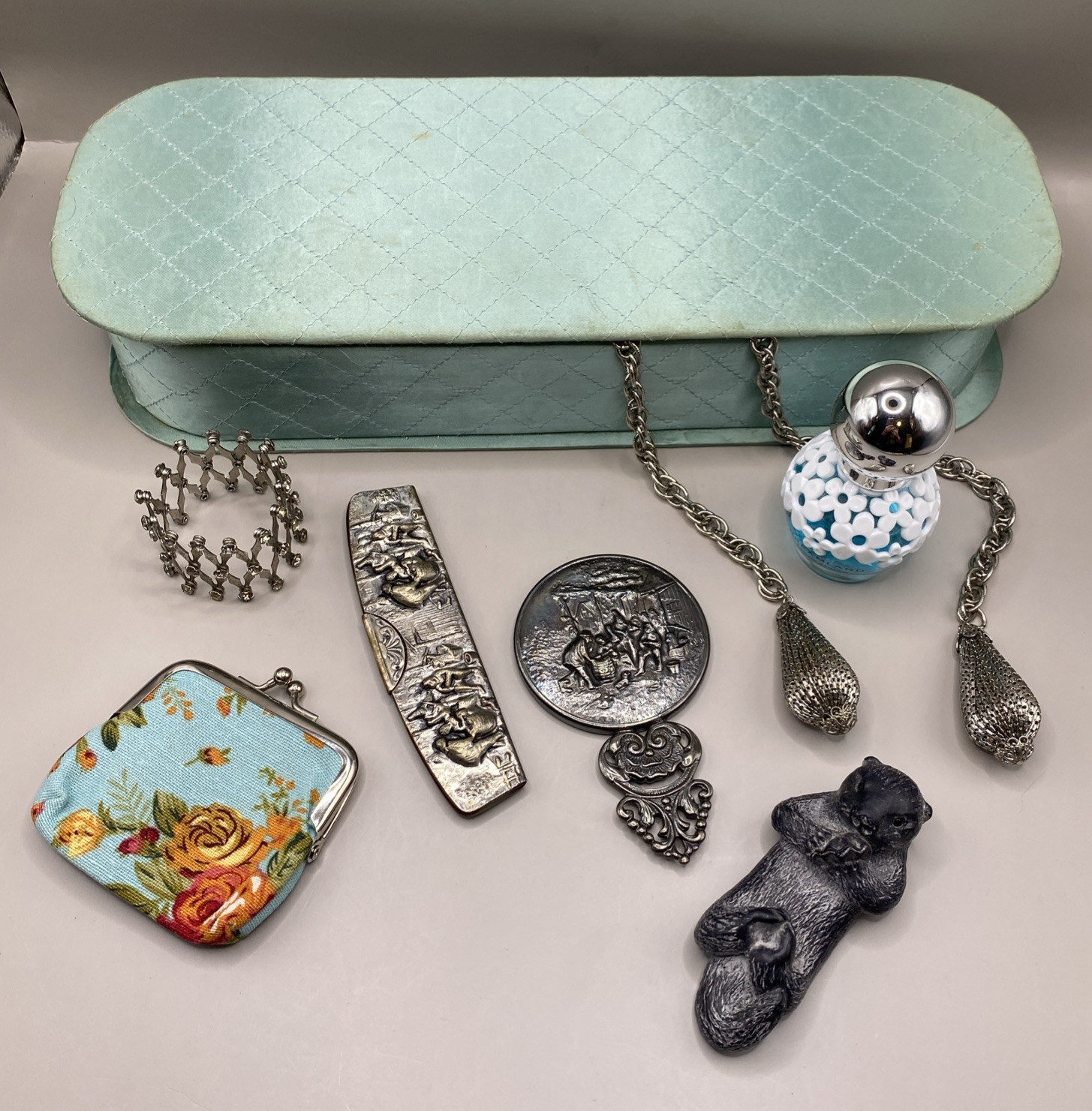 8pc VTG Vanity Boudoir Lot Glove Box Comb Mirror Pony Tail Coin Necklace Aqua
