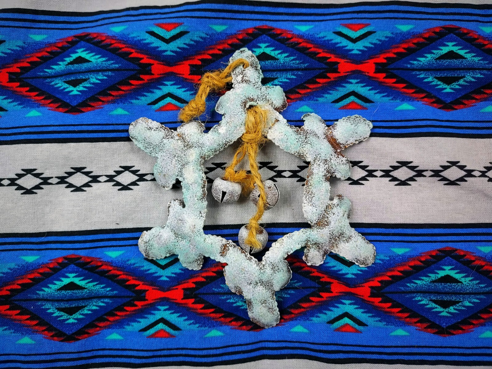Vtg 90s Snowflake w/ Bells Christmas Ornament RUSTIC Western Metal Farmhouse