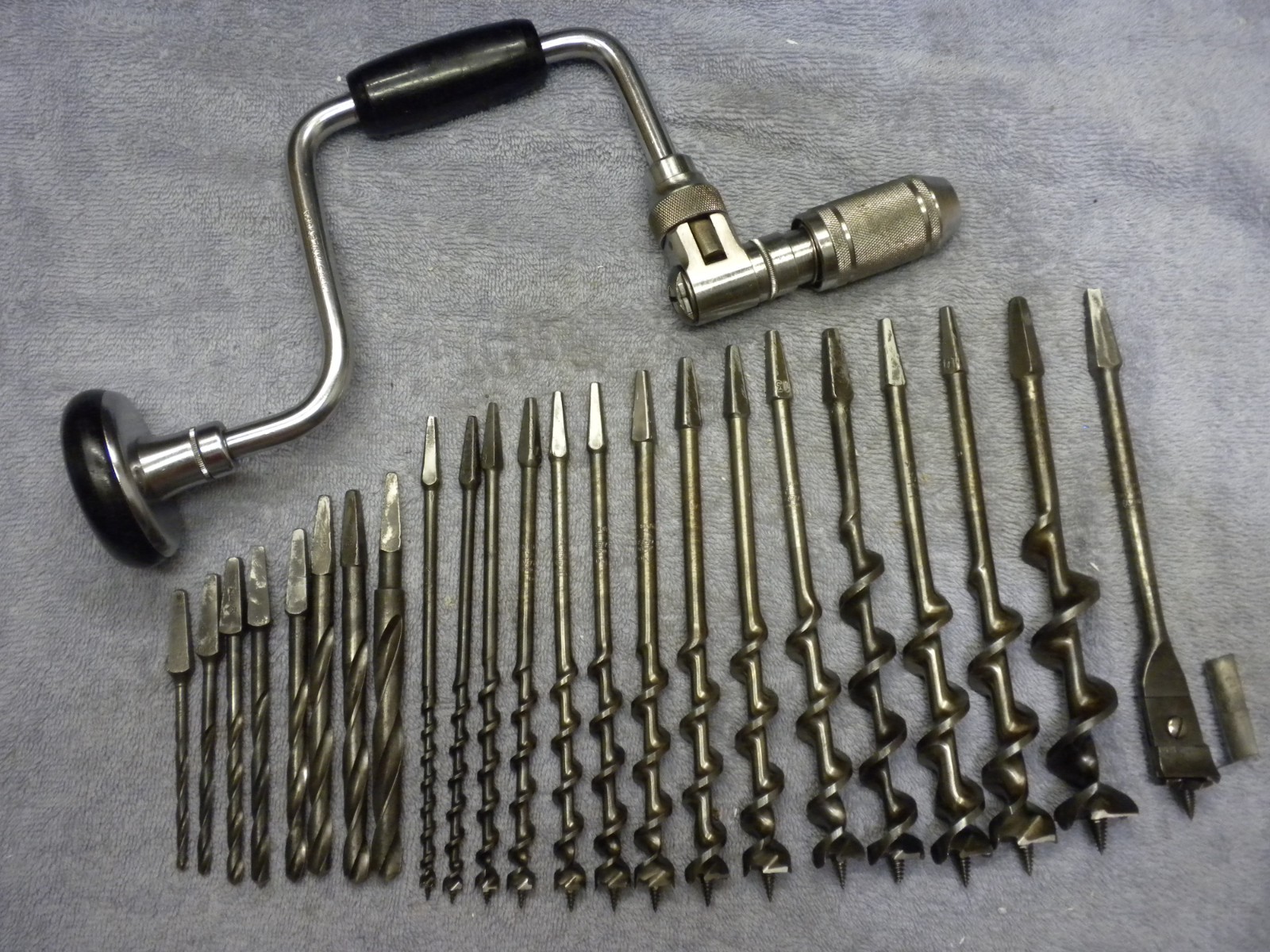 Vintage 23pc set of Auger bits wood & metal W/Stanley H.D. Brace  work ready