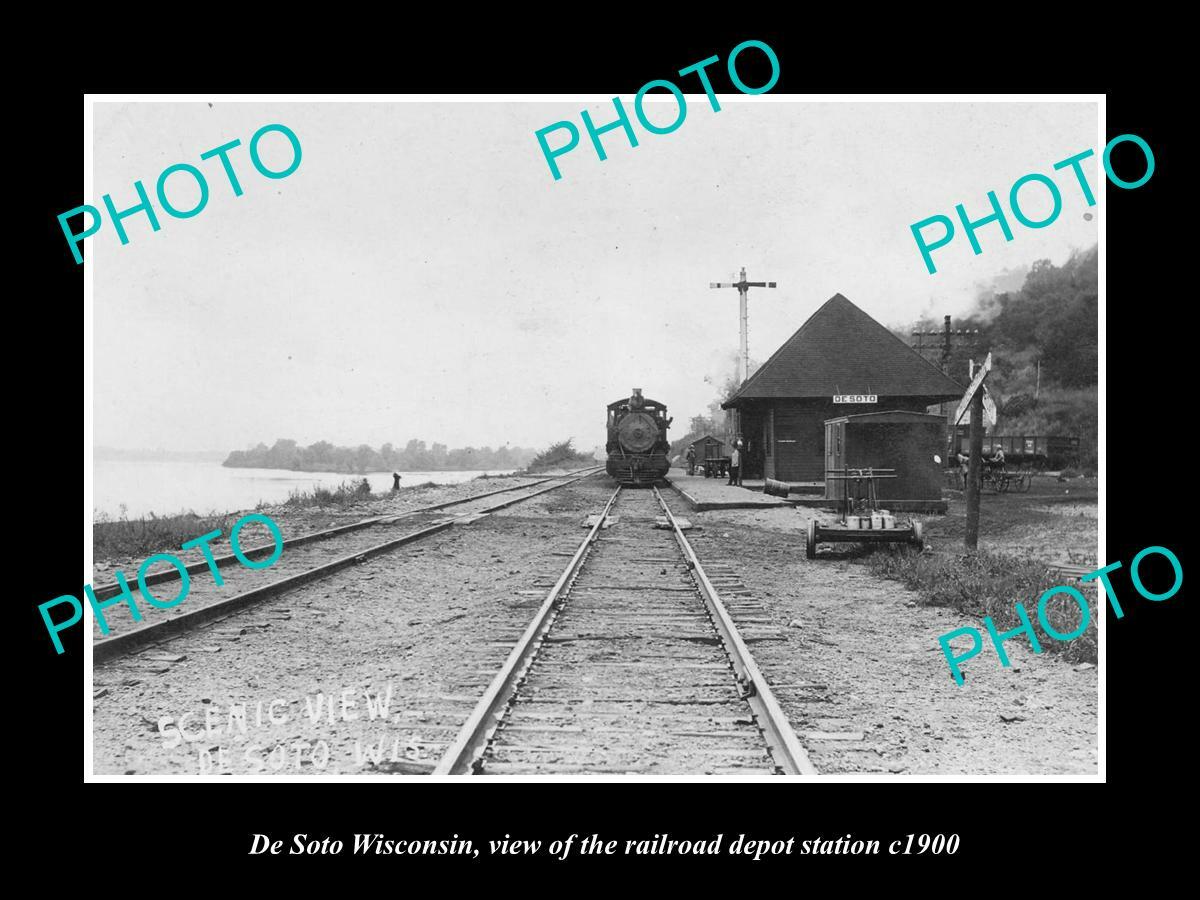 OLD 8x6 HISTORIC PHOTO OF DE SOTO WISCONSIN RAILROAD DEPOT STATION c1900