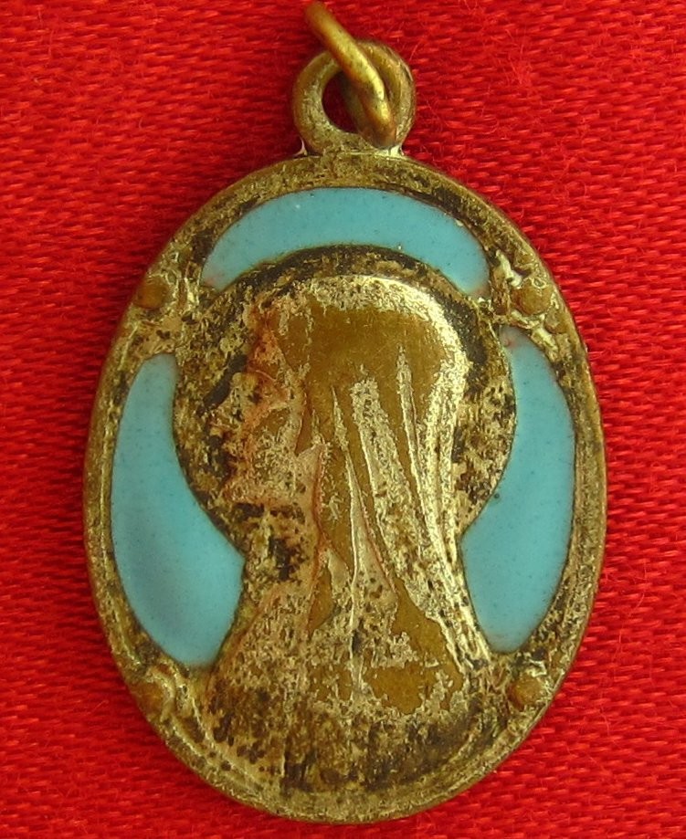 Vintage MARY Medal BLUE ENAMEL Relgious Catholic LOURDES Pendant 5/8