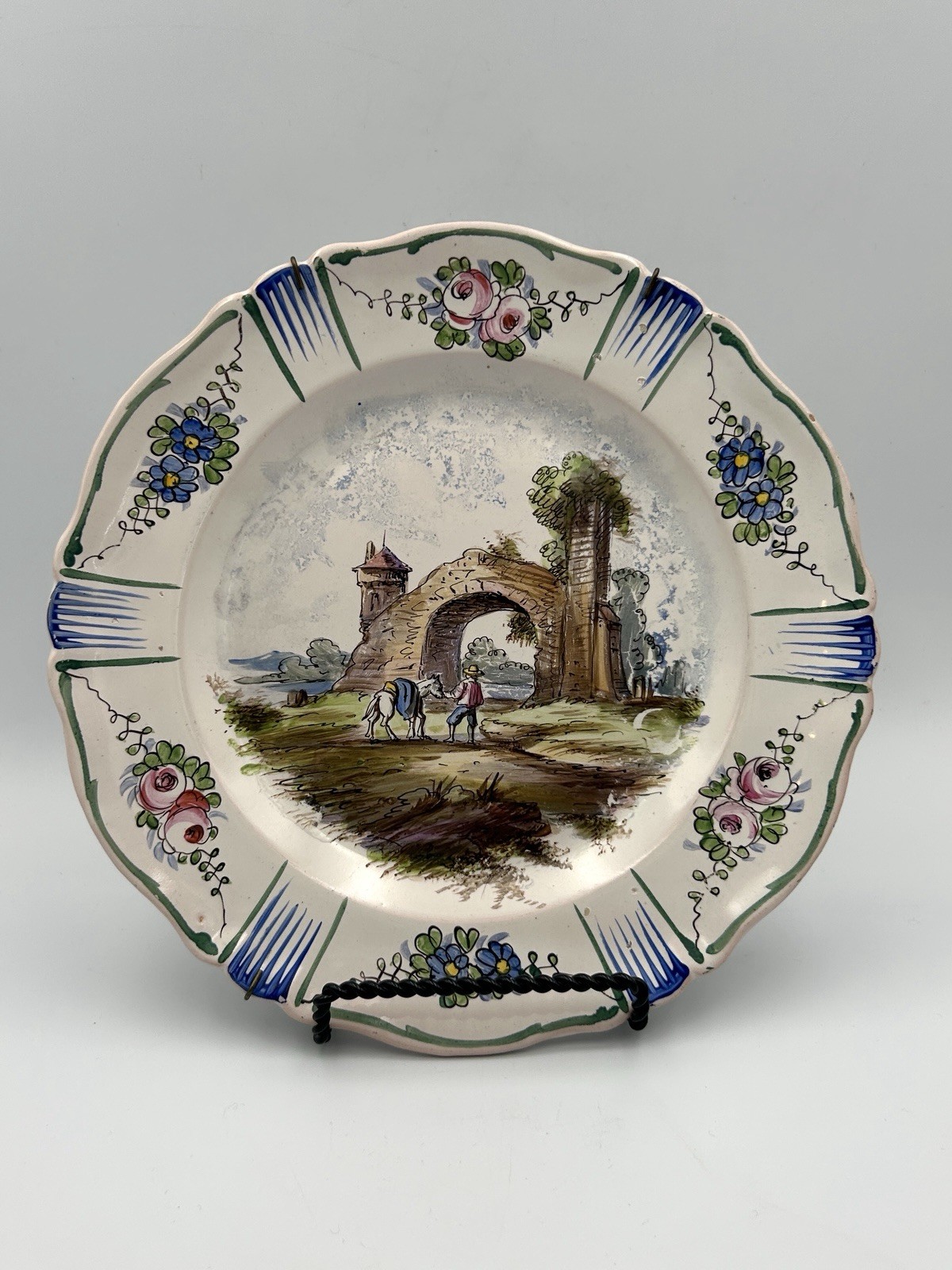 Antique French Lille Faience Plate 1767 Mark Hand Painted Pastoral Scene 9.5\