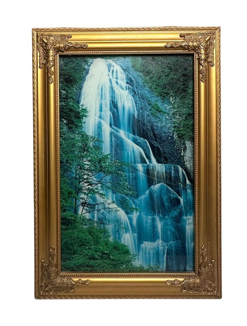Vintage Light Up Motion Forest Moving Waterfall Gold Framed Picture 25.5 x 17.5\
