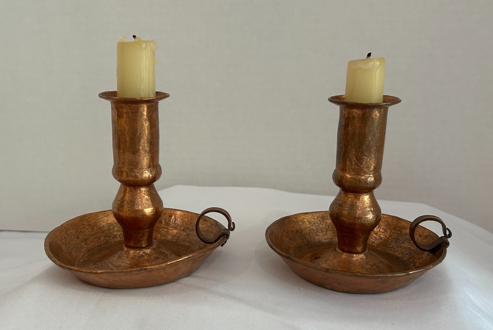 Antique Hand Hammered Solid Copper Chamberstick Candle Holders Pair Finger Loop