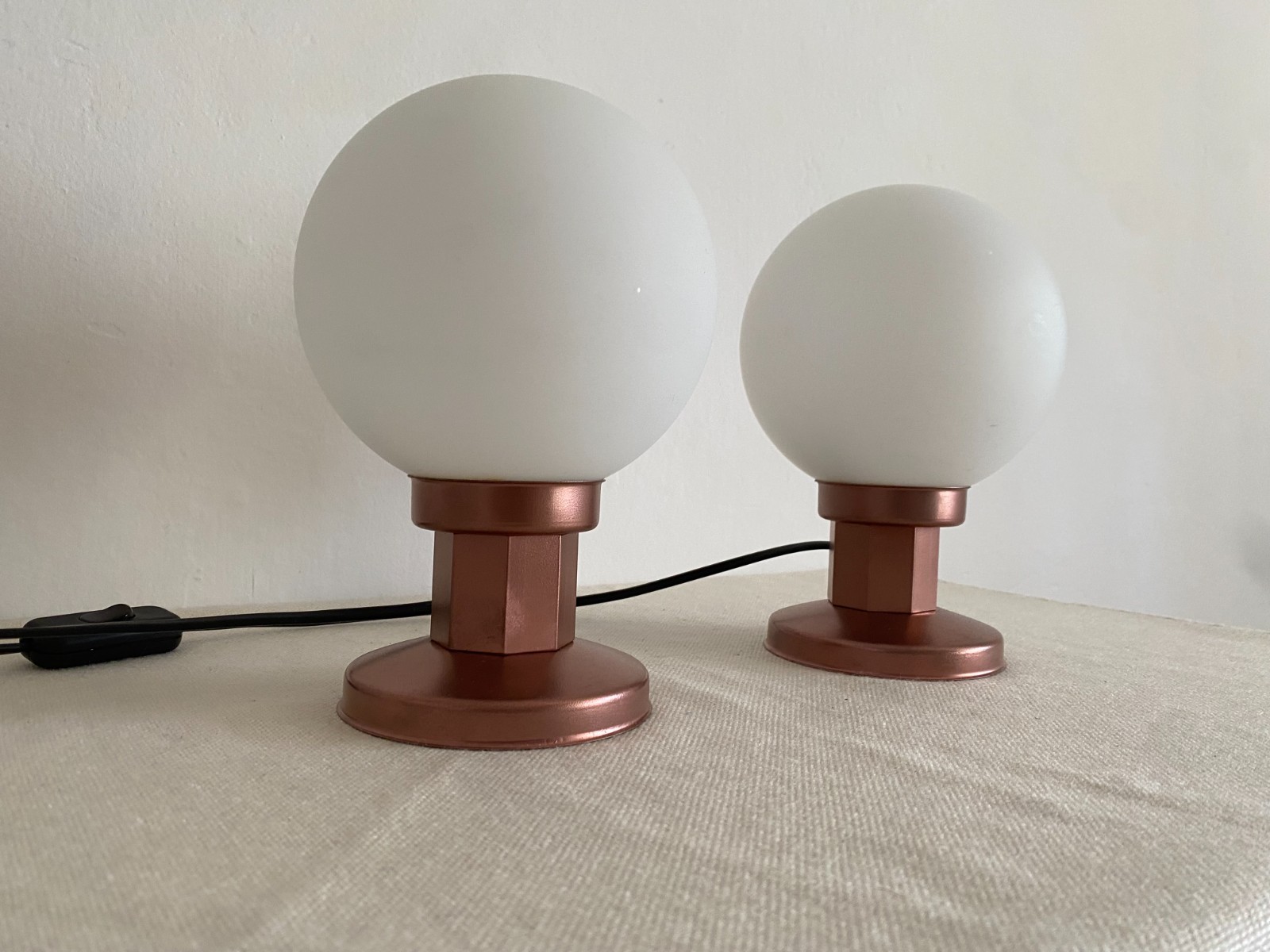 Pair Vintage KAJ MCM Space Age Opal Glass Globe Table Lamps Yugoslavia 1970s
