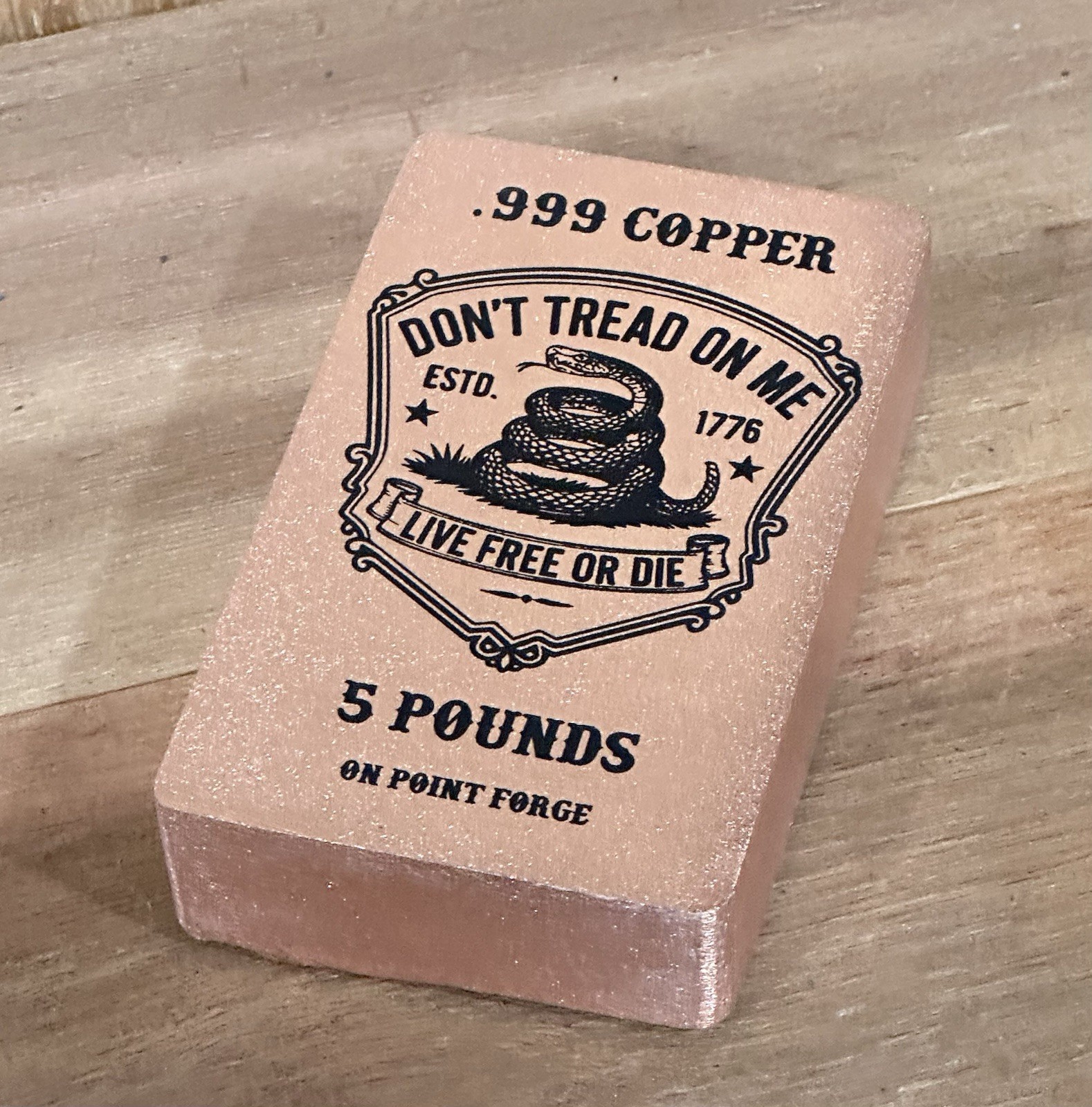 5 Lb .999 Solid Copper Bar | Don’t Tread On Me Hand Poured Copper Bullion