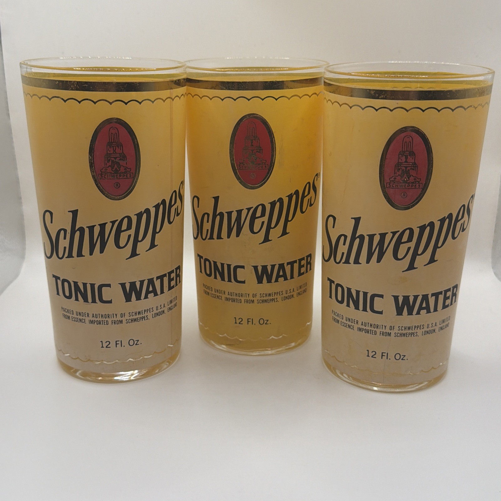 (3) Vintage Schweppes Tonic Water 12 oz Advertising Glasses - 6 In Tall