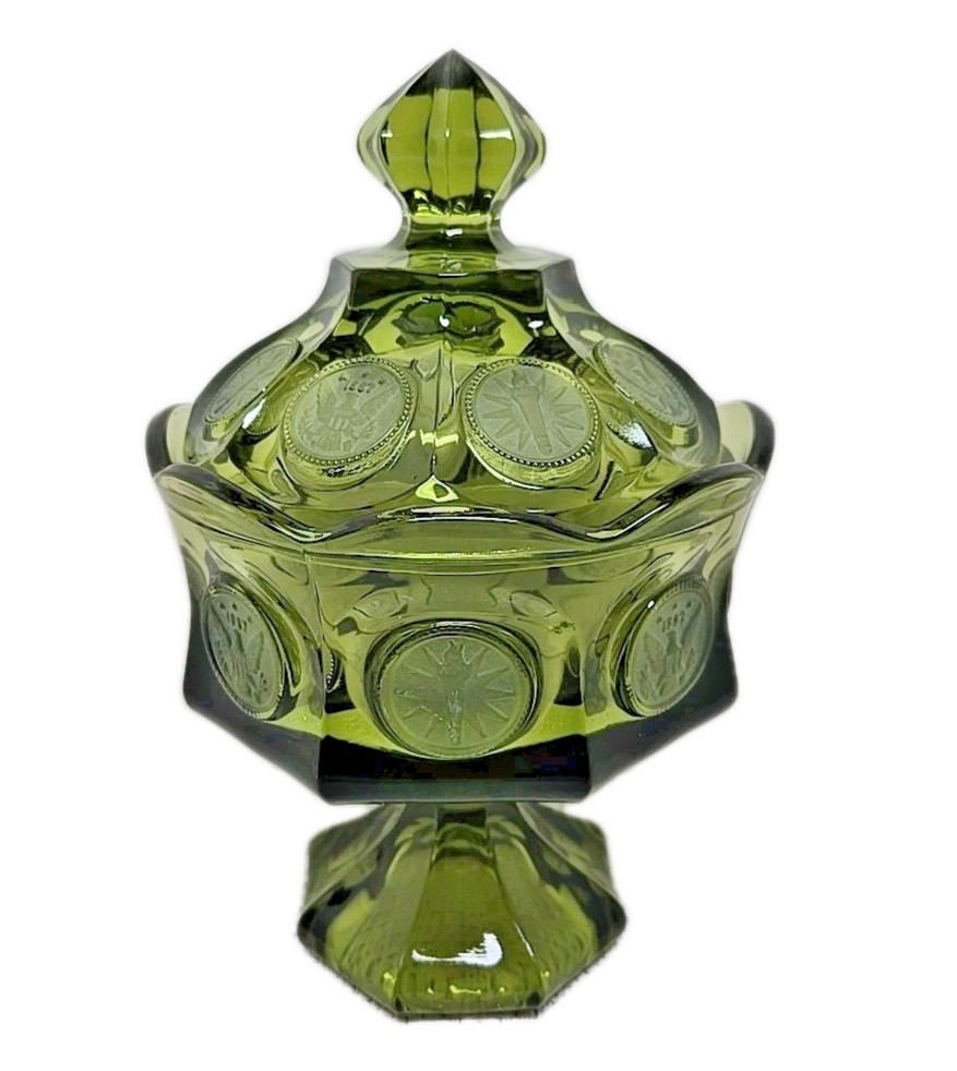 VTG Fostoria Olive Green Coin Glass Candy Wedding Bowl w/Lid & Pedestal 8.5