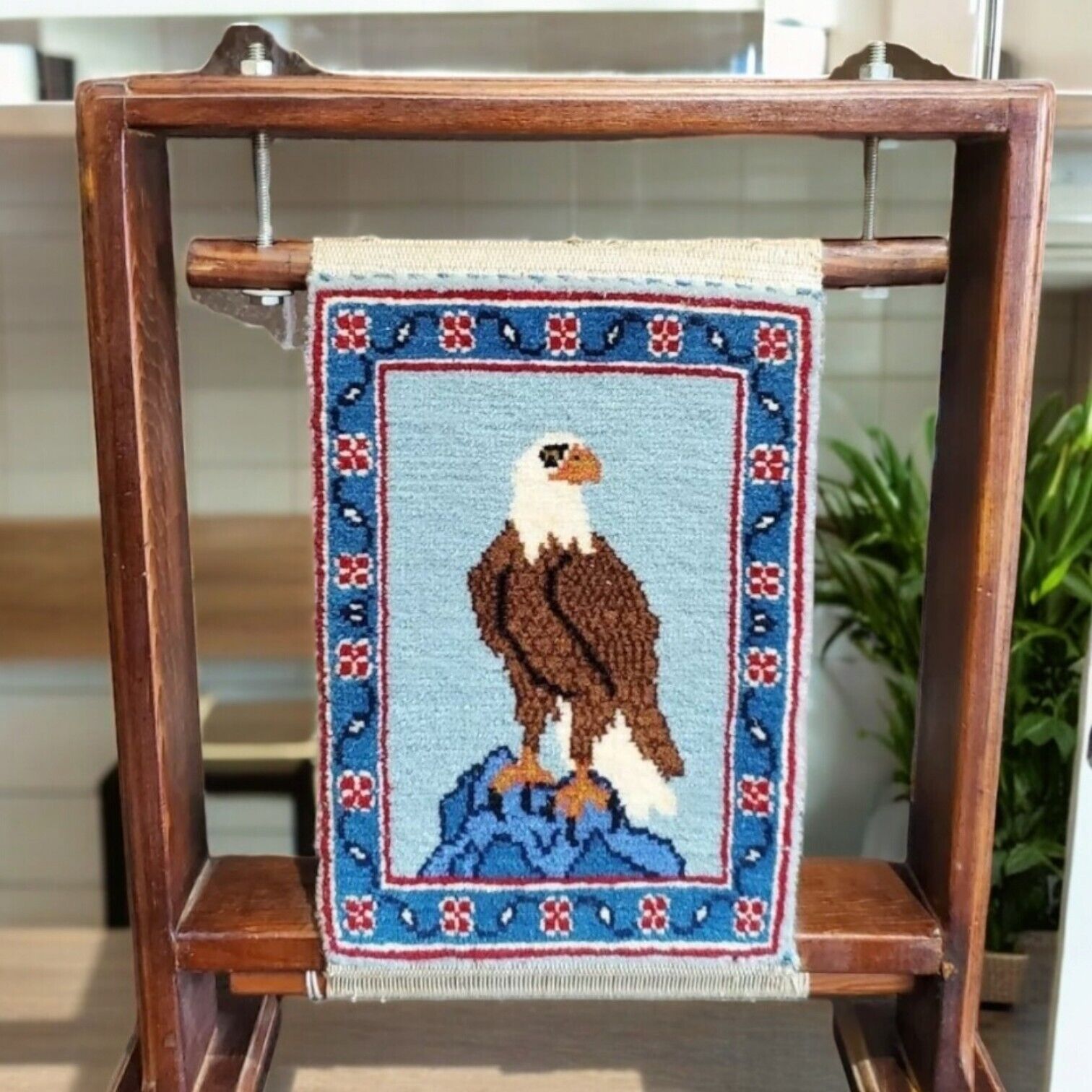 Vintage Folk Art American Bald Eagle Americana Tapestry Weaving Rug on Wood Loom