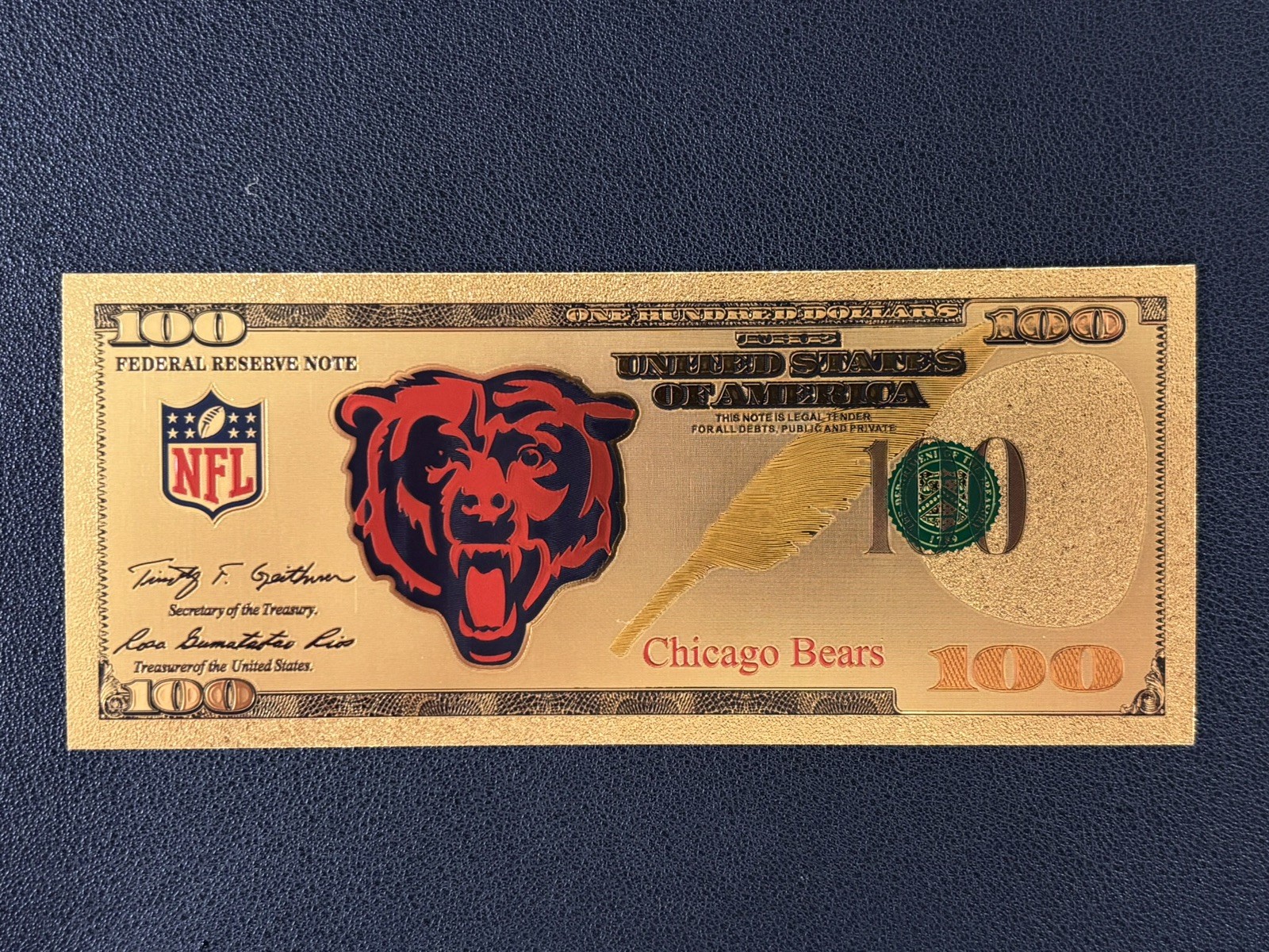 Chicago Bears Gold Foil Plated Novelty Football Team Banknote Collectible
