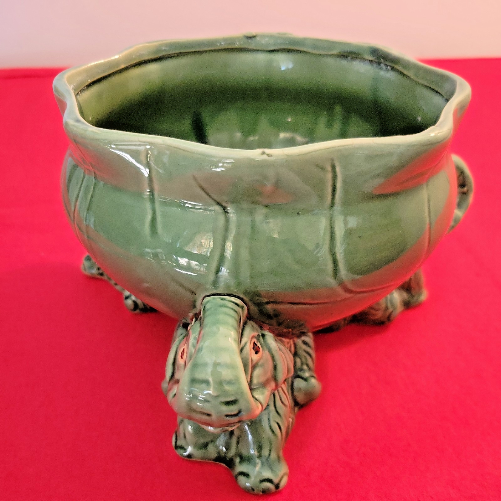  Vintage Green Pottery Elephant Planter Bowl 3 Elephant Feet Good Luck Trunk Up 