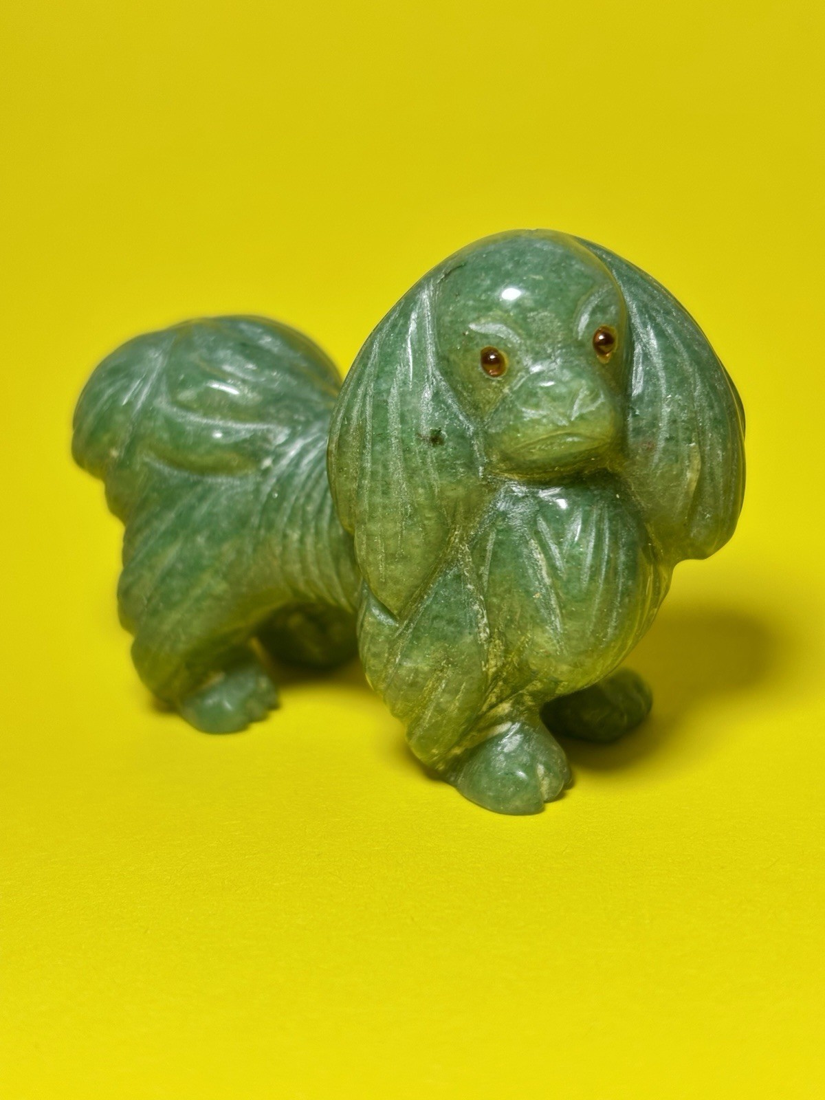 Vintage Hand Carved Genuine Jade Pekingese Dog Figurine Inset Eyes Workshop Mark