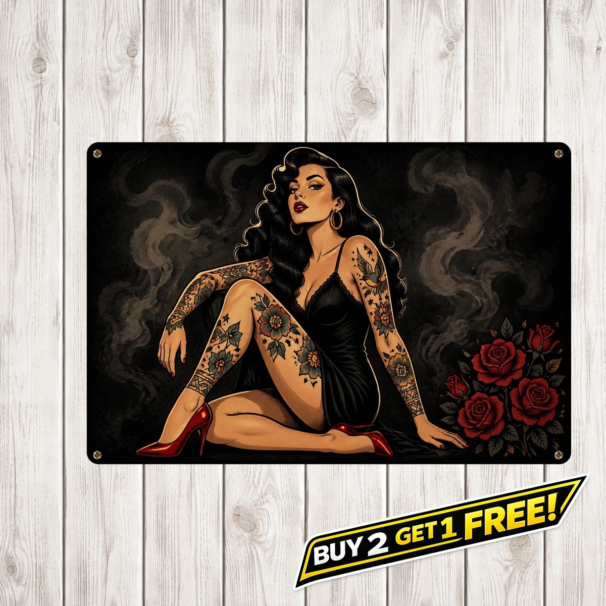 Tattooed Beauty Aluminum Wall Art Sign Retro Portrait 8x12