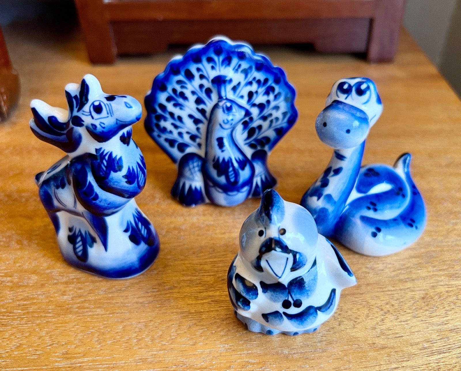 4 Vintage Russian Gzhel Porcelain Figurines Peacock Snake Chicken Moose