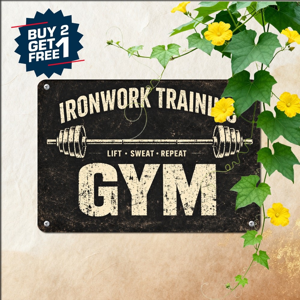 Custom Gym Name Barbell Metal Sign Fitness Room Wall Decor Plaque 8x12