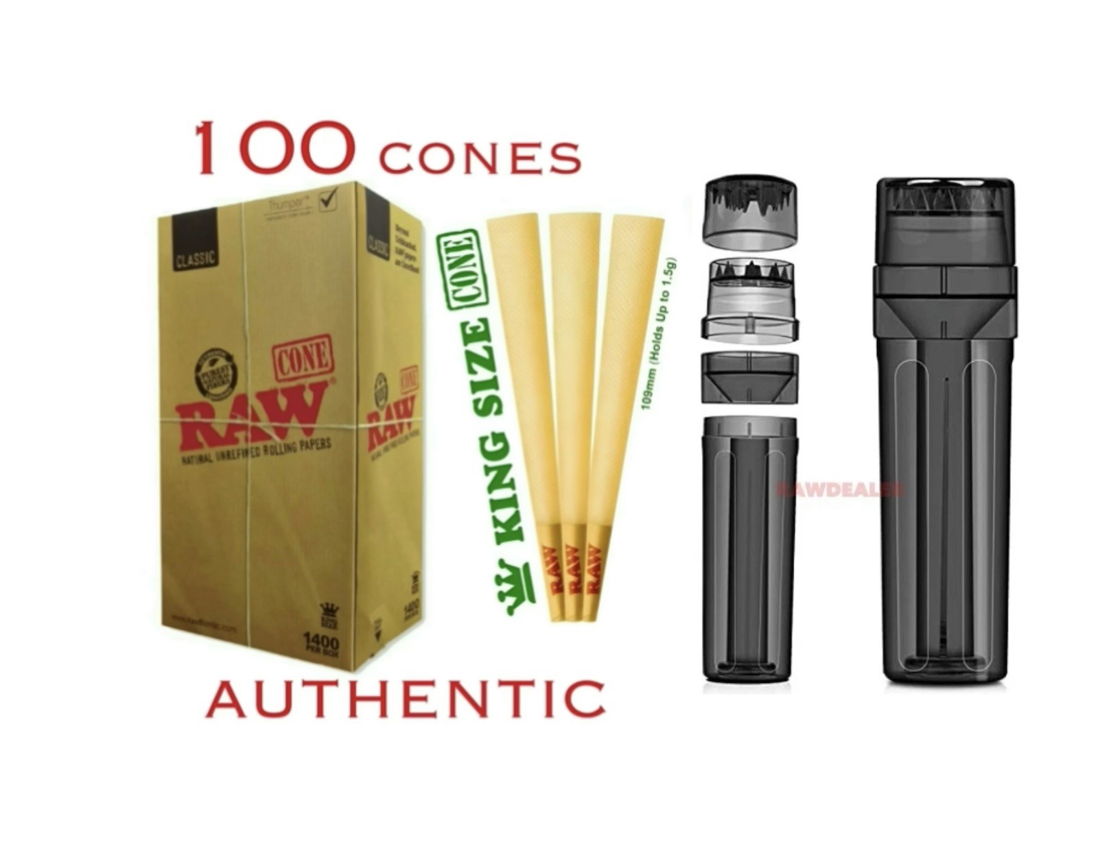 RAW king size pre rolled cone (100PK)+grinder loader storage 3 in 1