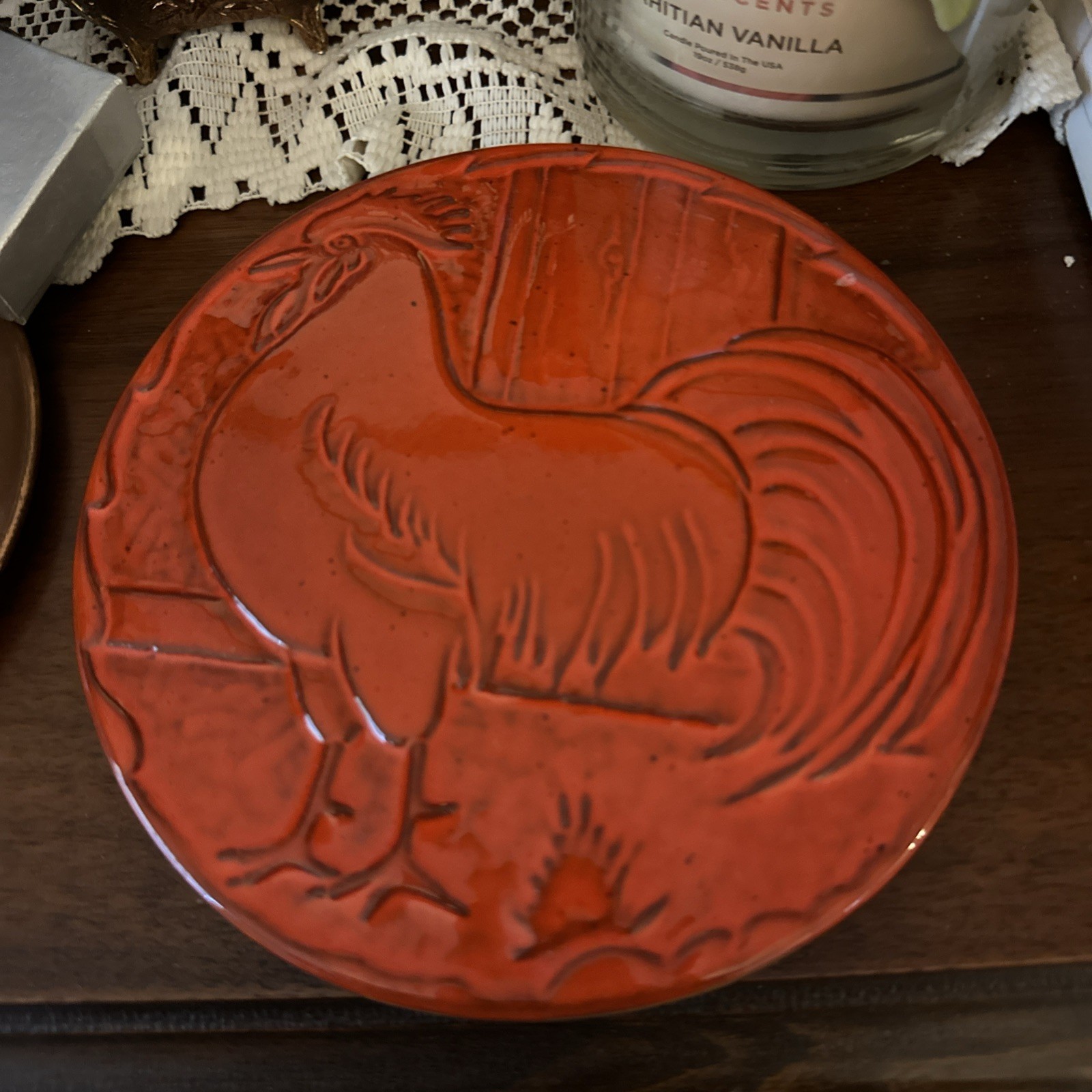 Frankoma 94TR Ceramic Orange Round Rooster Trivet Glazed 6in Farm Animal